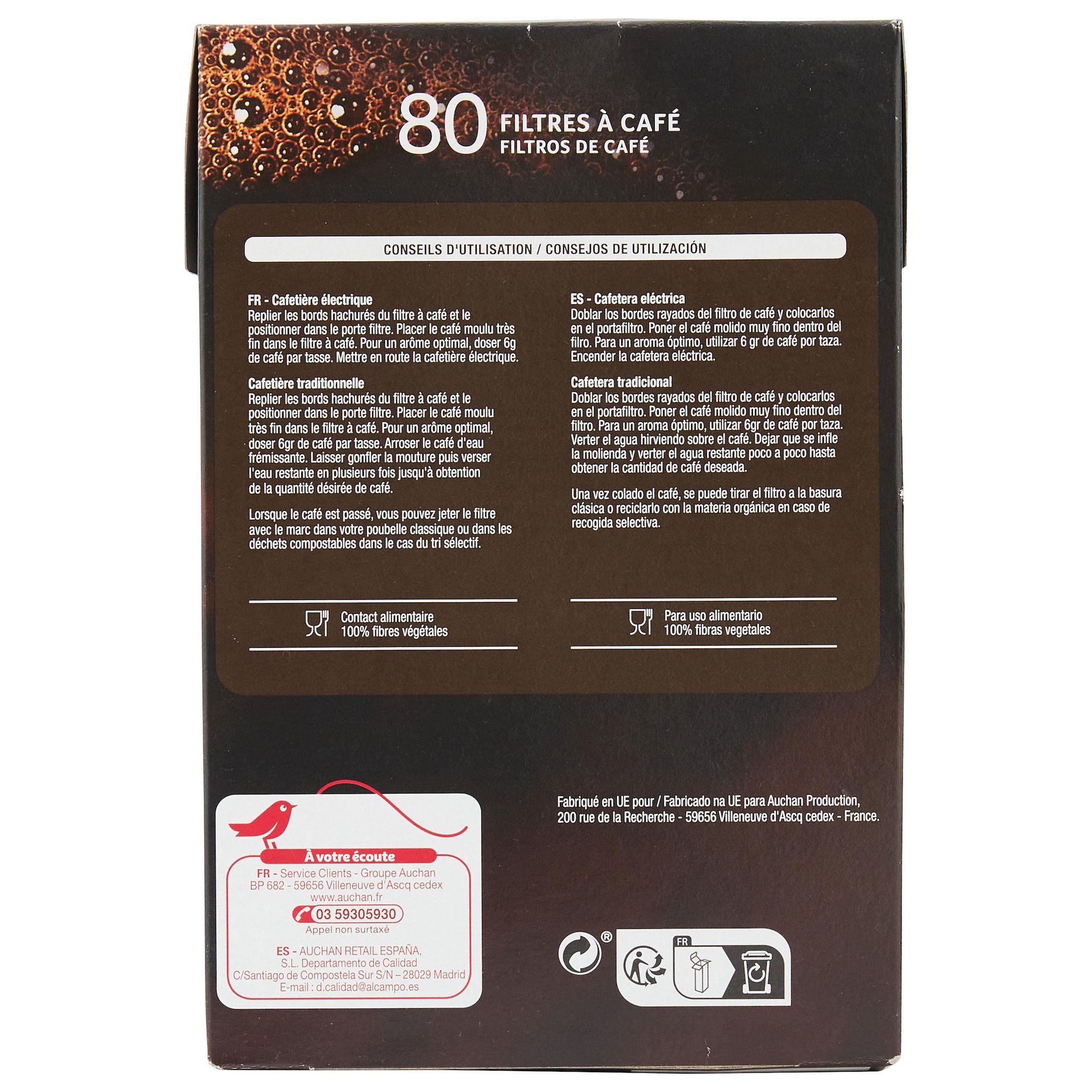 Voir la diapositive 2 : AUCHAN Filtres à café n°4 pour 8 à 12 tasses 80 filtres 147g