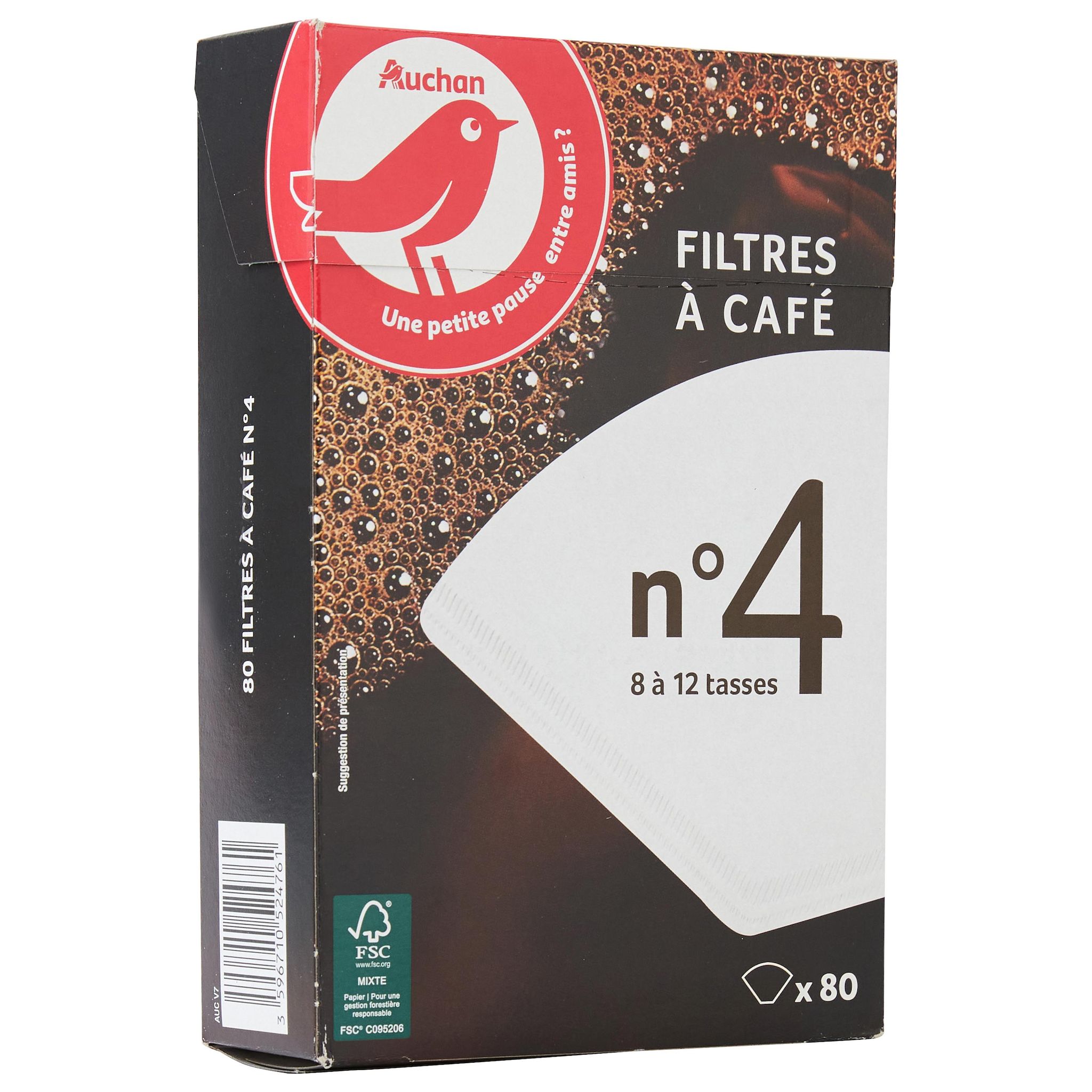 Voir la diapositive 3 : AUCHAN Filtres à café n°4 pour 8 à 12 tasses 80 filtres 147g