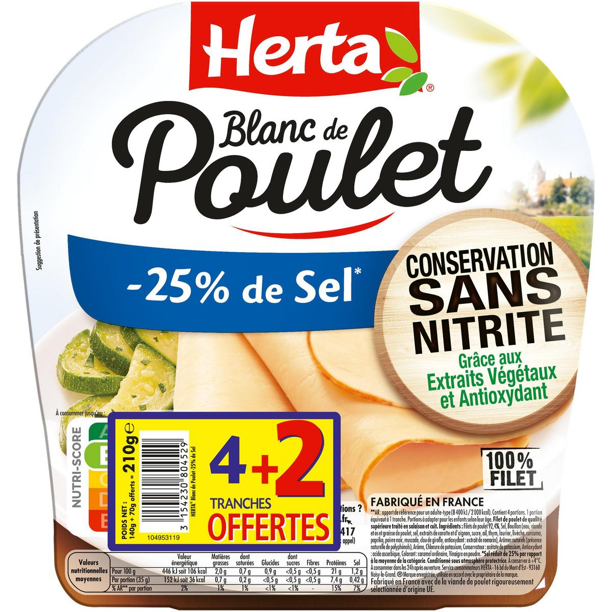 HERTA Blanc de poulet réduit en sel sans nitrite 4 tranches + 2 offertes 210g