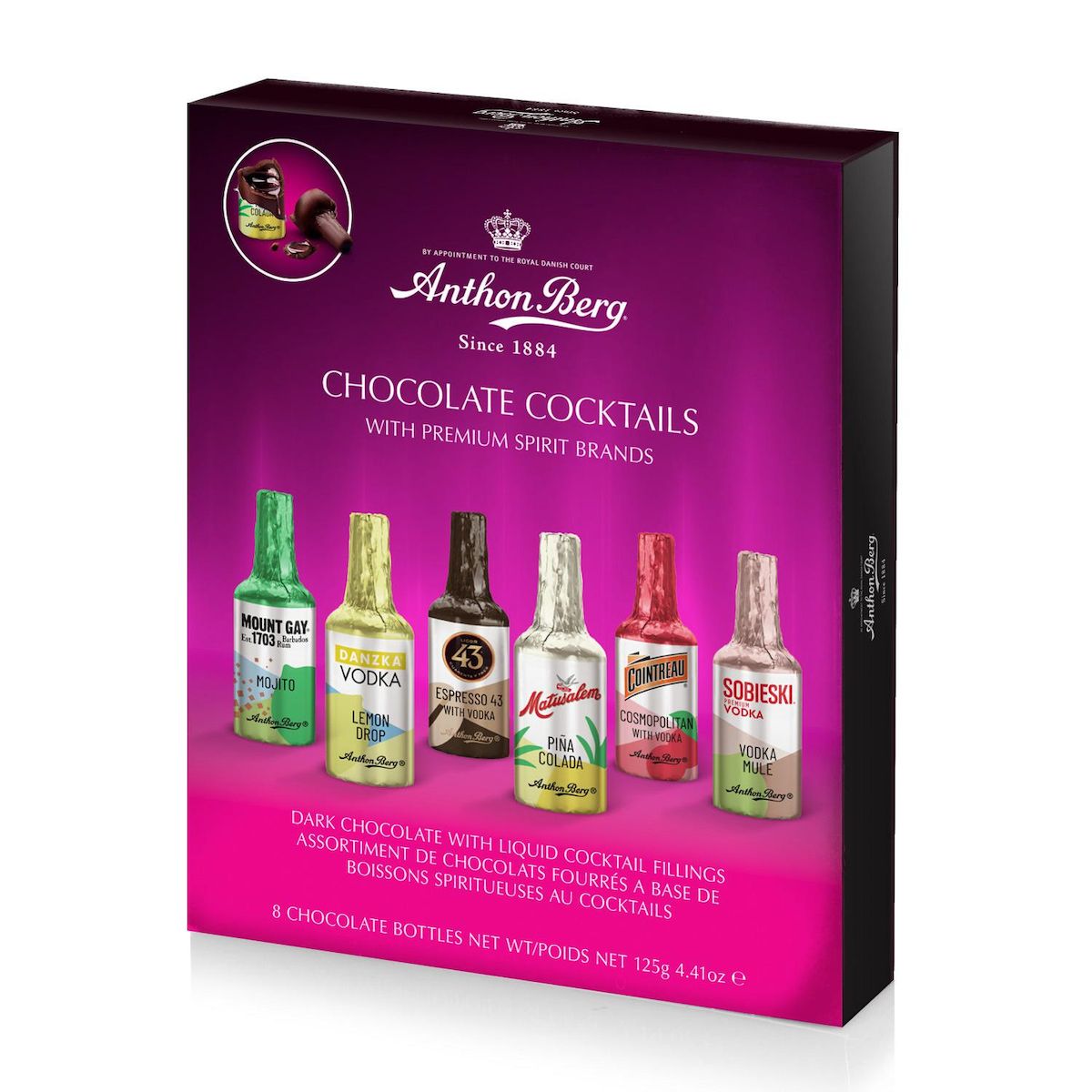 Anthon Berg coffret de chocolats en forme de bouteille cocktail 8 pièces 125g