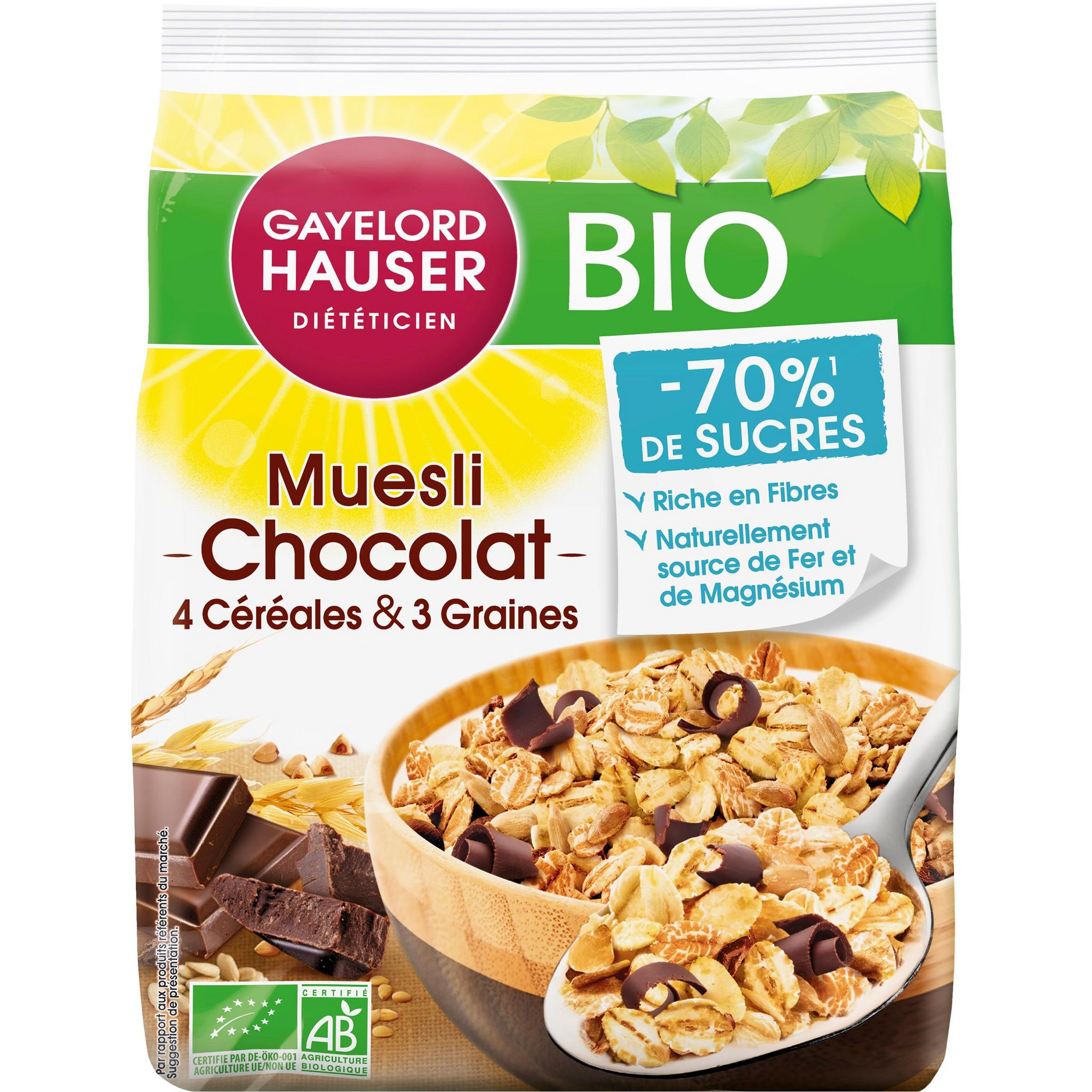 Voir la diapositive 2 : GAYELORD HAUSER Muesli au 4 céréales 3 graines et chocolat bio réduit en sucres 375g