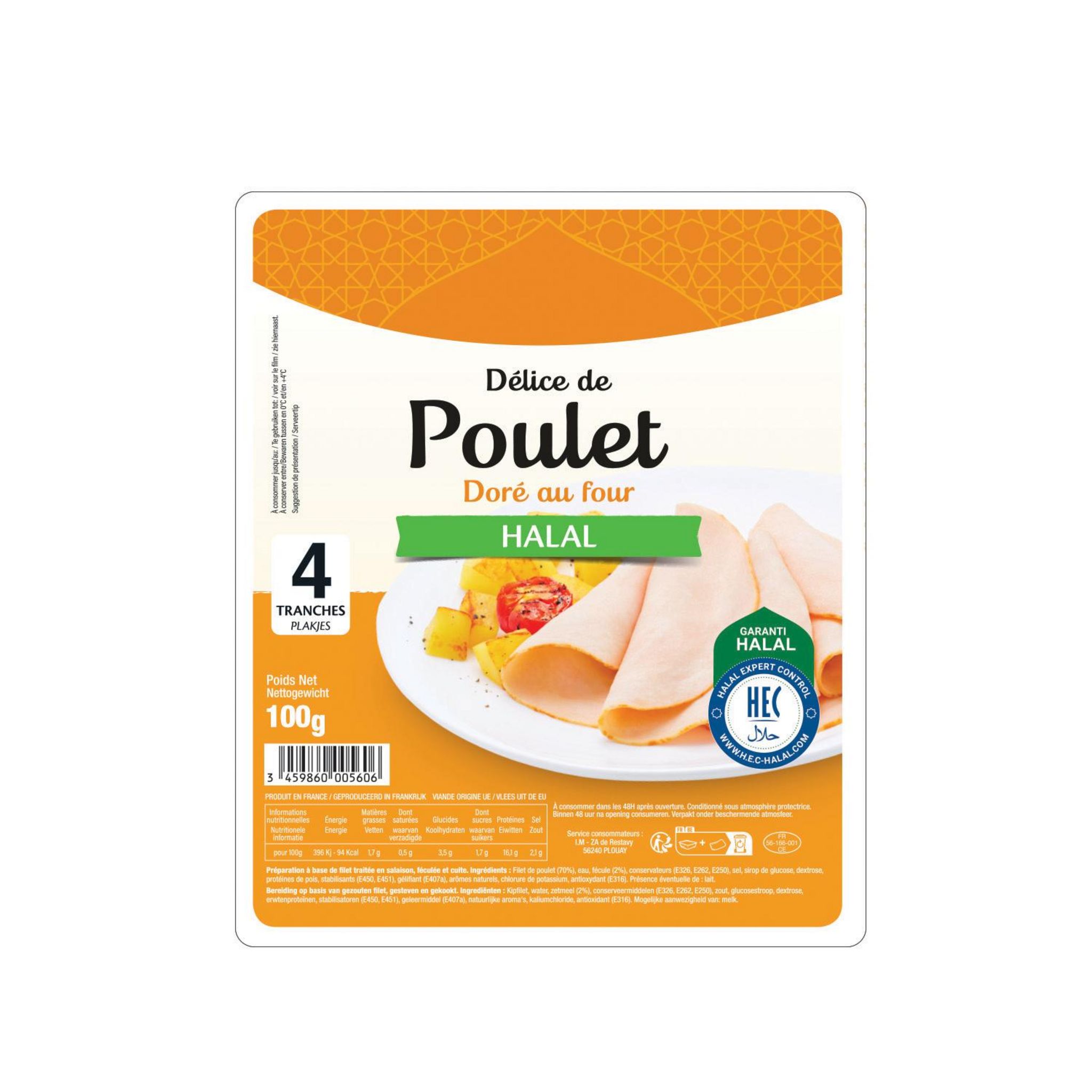 Délice de poulet halal doré au four 4 tranches 100g