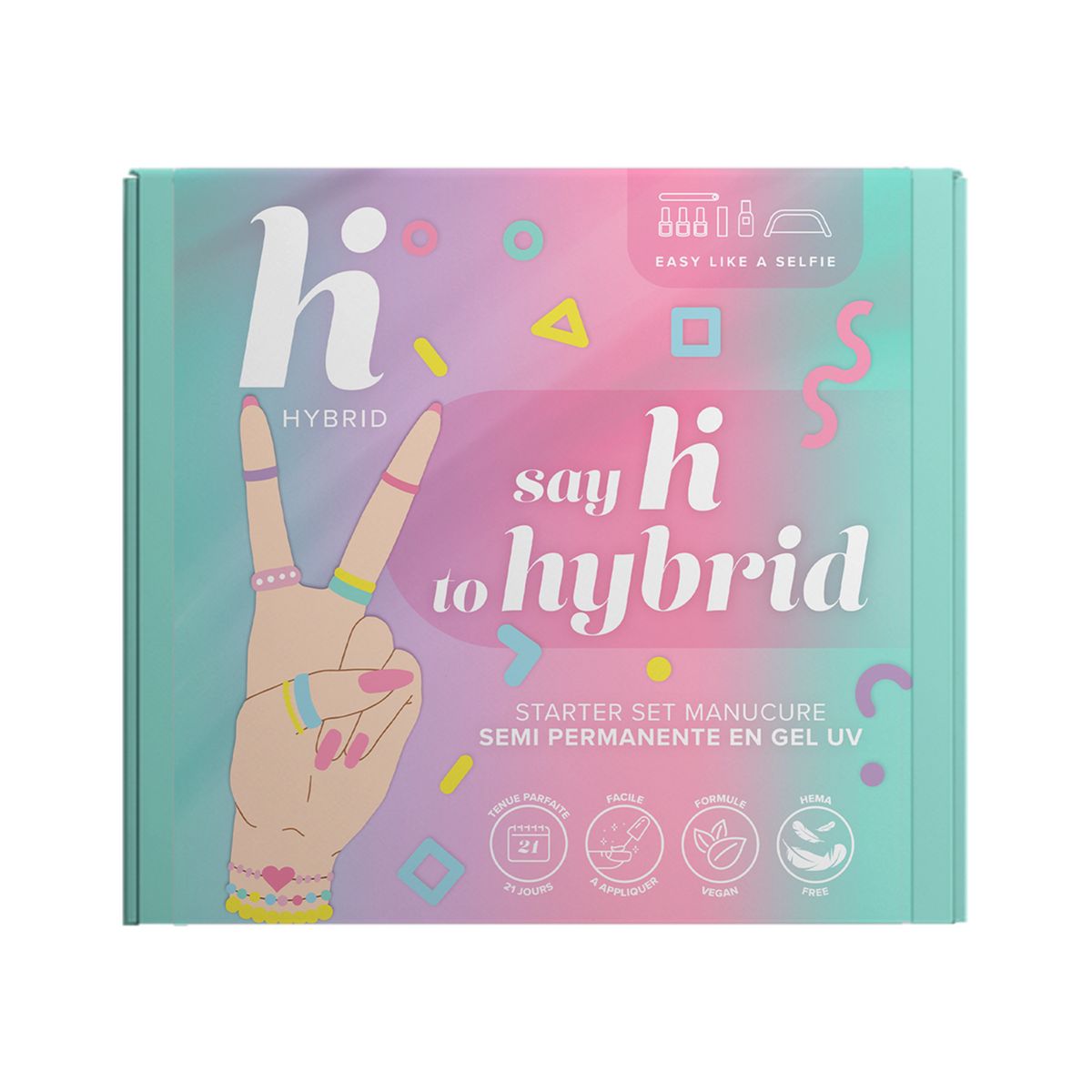 HI HYBRID Coffret set manicure semi permanente en gel 1 lime à ongles<br/>1 polissoir<br/>1 lampe led UV<br/>1 nettoyant dégraissant 50ml<br/>1 top coat 5ml 1 coffret