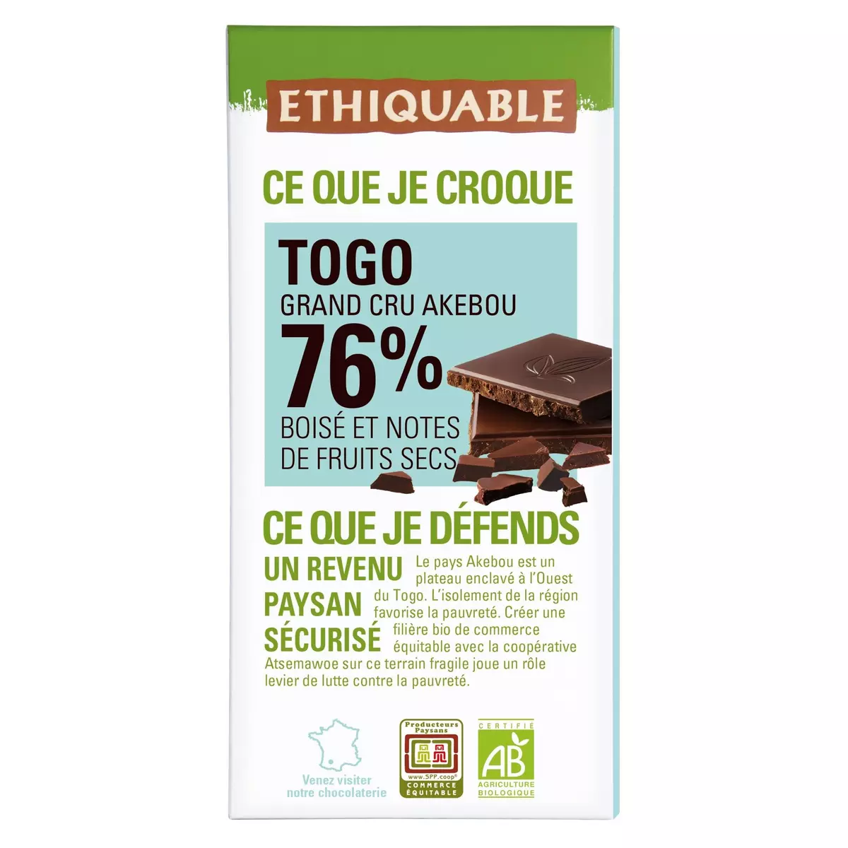 ETHIQUABLE Tablette de chocolat noir bio Togo grand cru Akebou 76% boisé et notes de fruits secs 1 pièce 100g