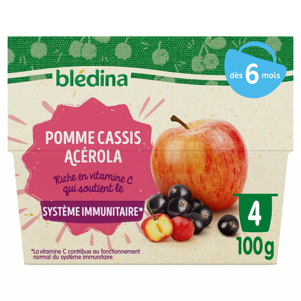 BLEDINA Petit pot dessert pomme cassis acérola dès 6 mois 4x100g