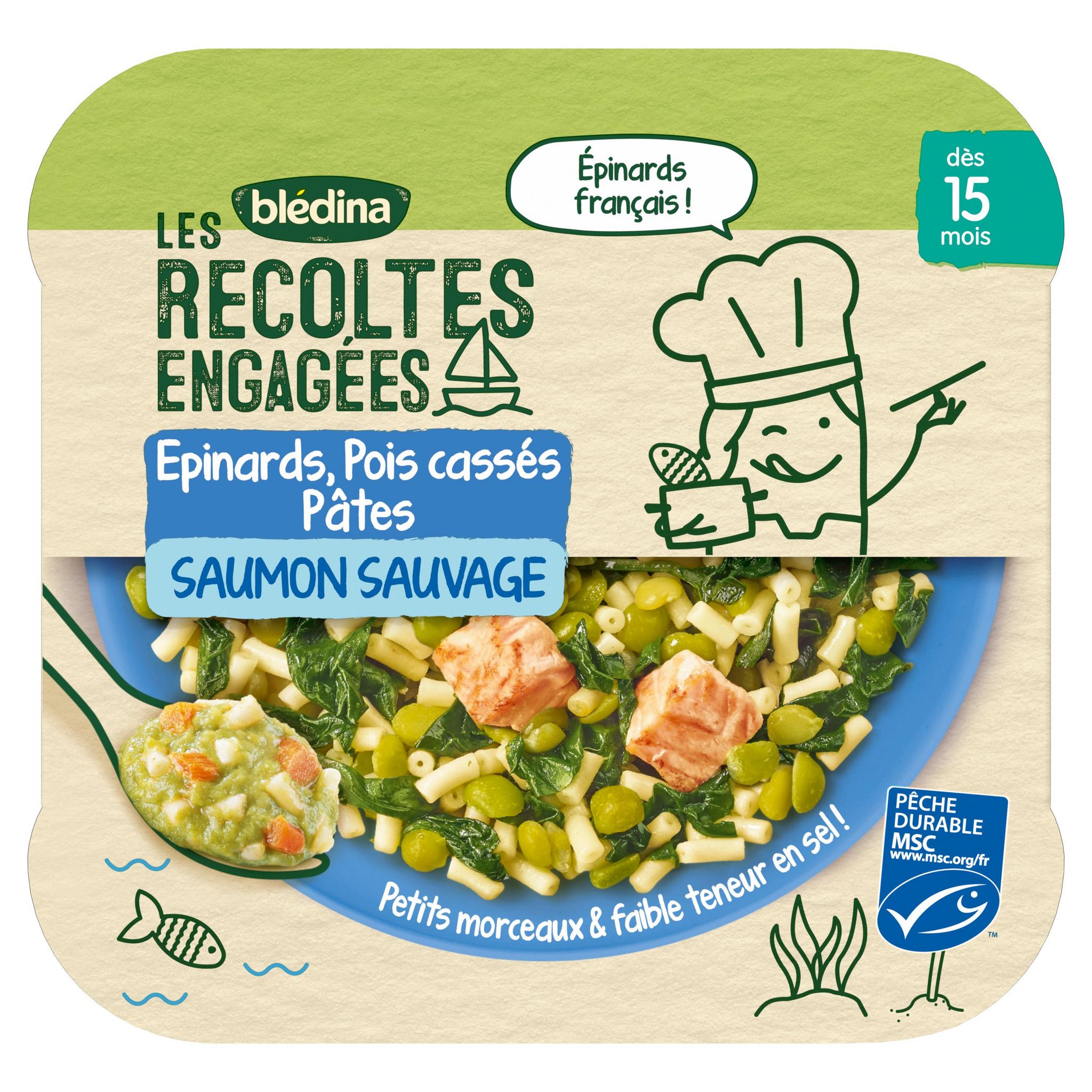 BLEDINA Les Récoltes Engagées Assiette épinards pois cassés pâtes saumon sauvage MSC dès 15 mois 250g