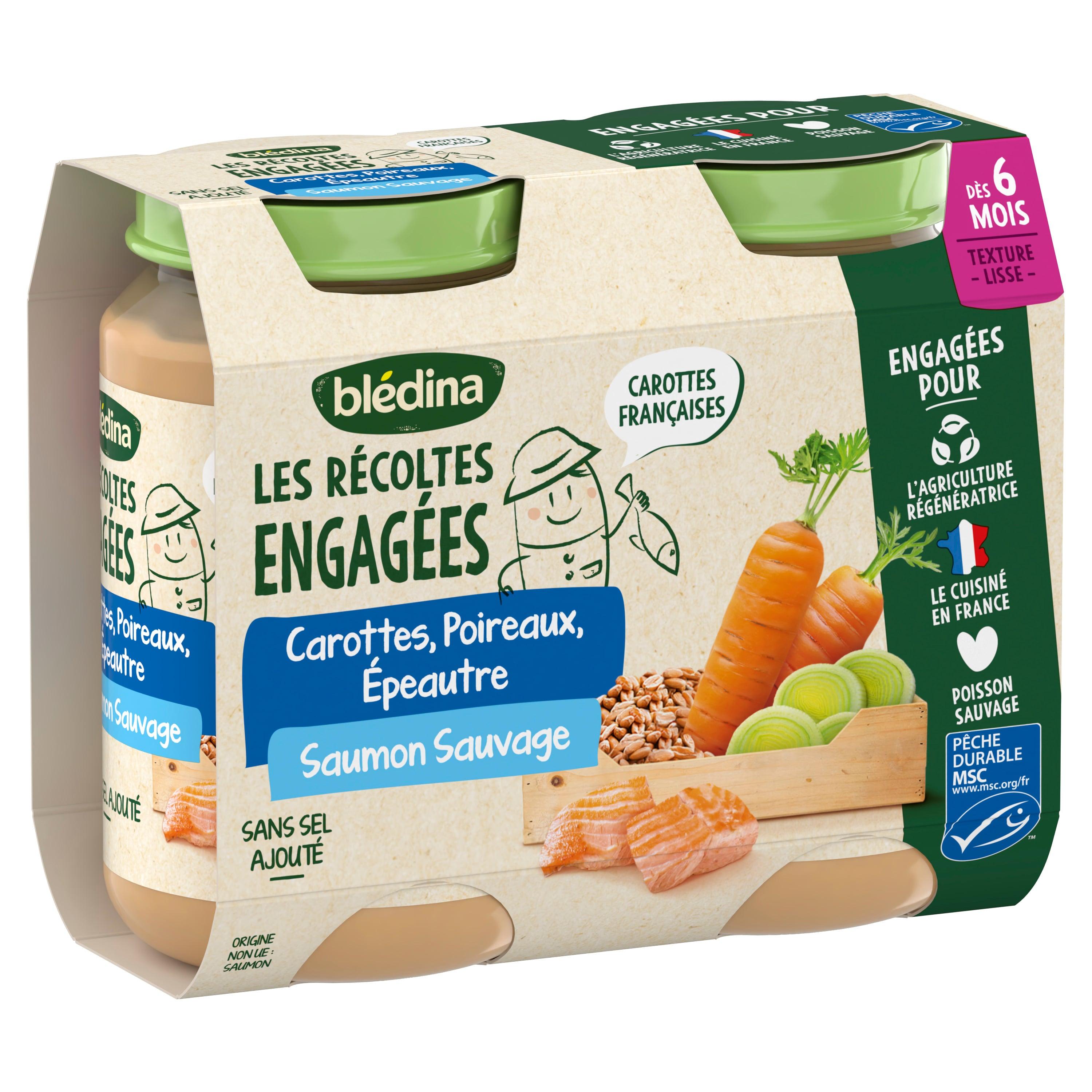 Voir la diapositive 2 : BLEDINA Les Récoltes Engagées Petit pot carottes poireaux épeautre saumon sauvage MSC dès 6 mois 2x200g
