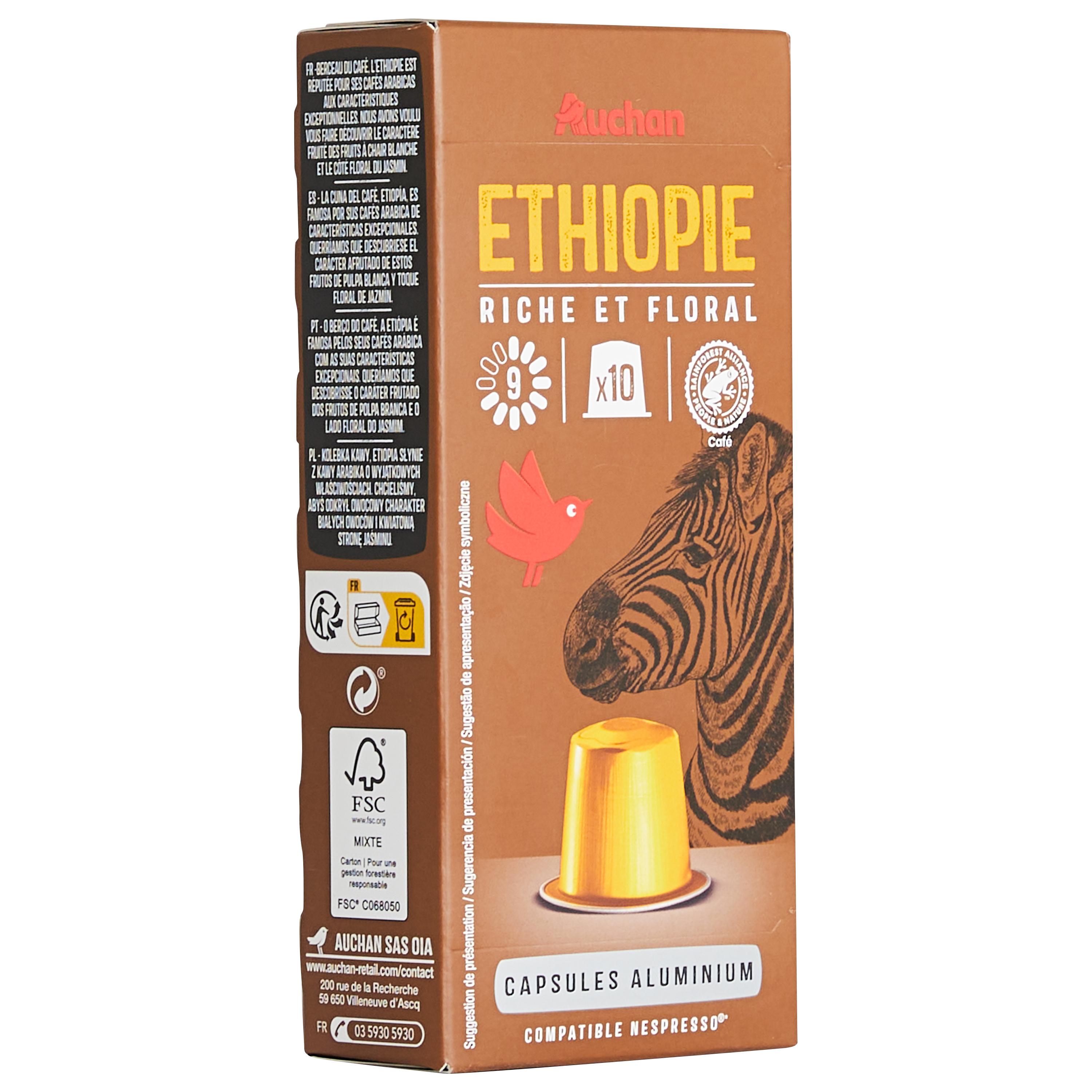 Voir la diapositive 3 : AUCHAN Capsules de café Ethiopie riche et floral intensité 9 compatibles Nespresso 10 capsules 52g