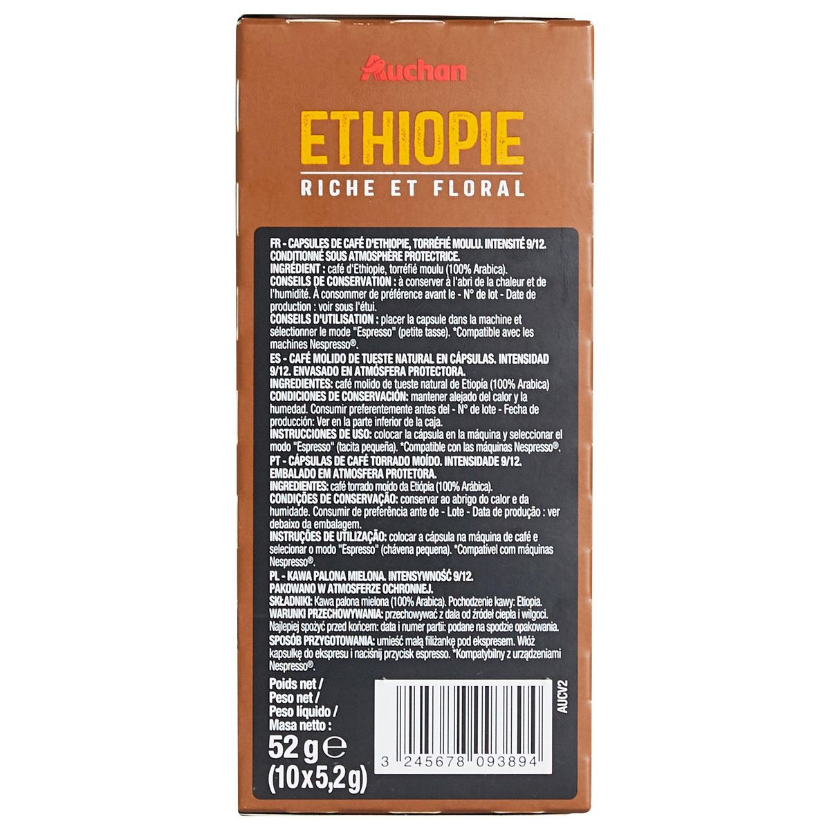 AUCHAN Capsules de café Ethiopie riche et floral intensité 9 compatibles Nespresso 10 capsules 52g