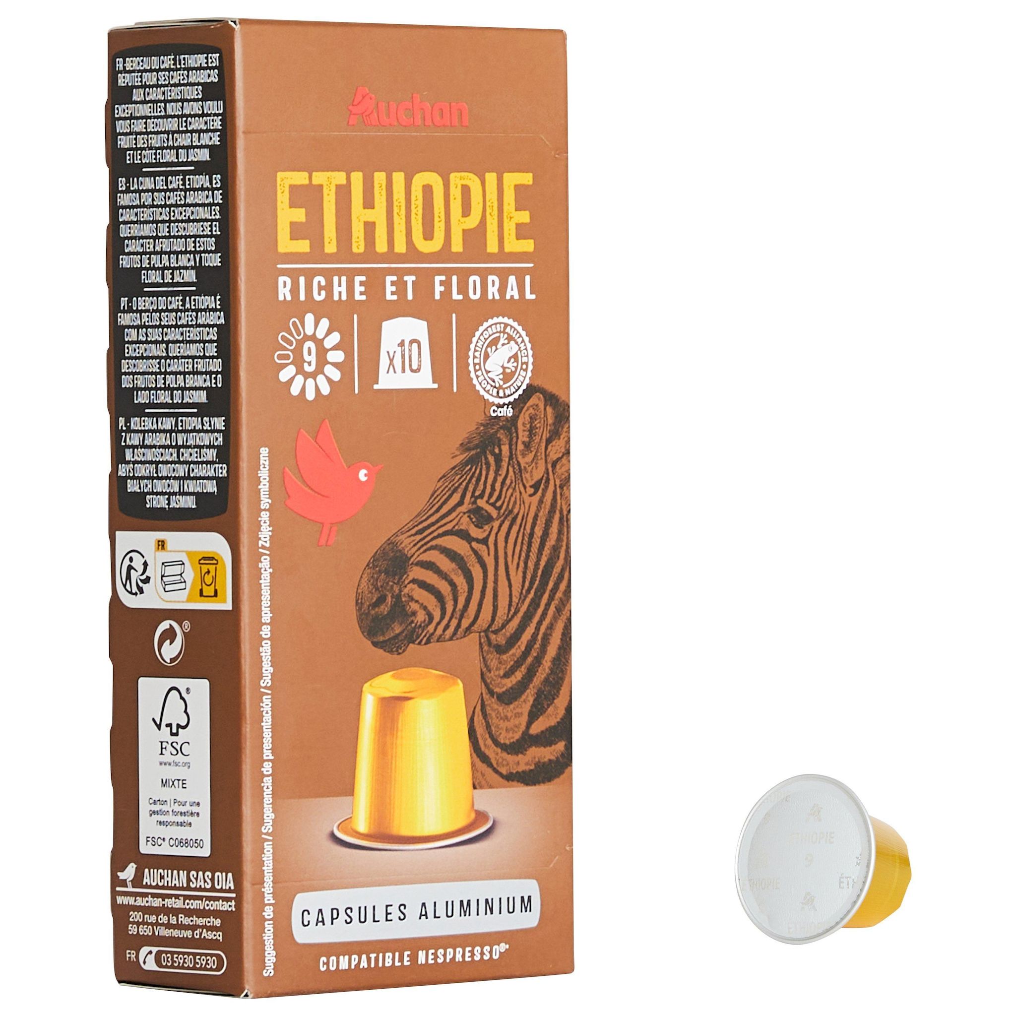 Voir la diapositive 4 : AUCHAN Capsules de café Ethiopie riche et floral intensité 9 compatibles Nespresso 10 capsules 52g