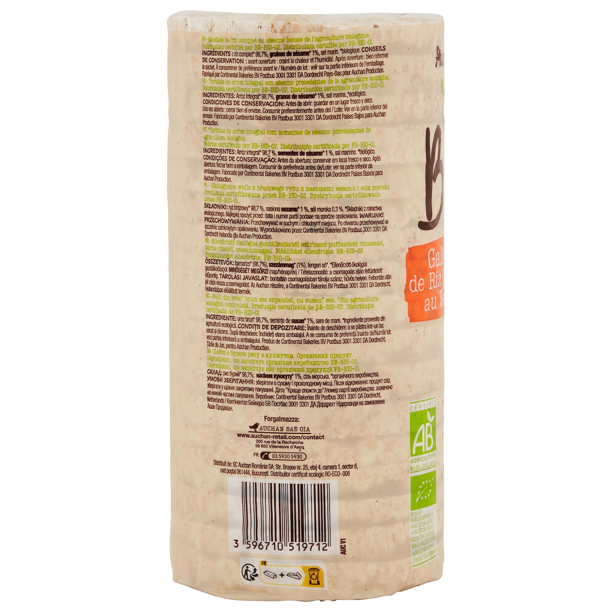 Voir la diapositive 2 : AUCHAN BIO Galettes de riz complet au sésame 130g