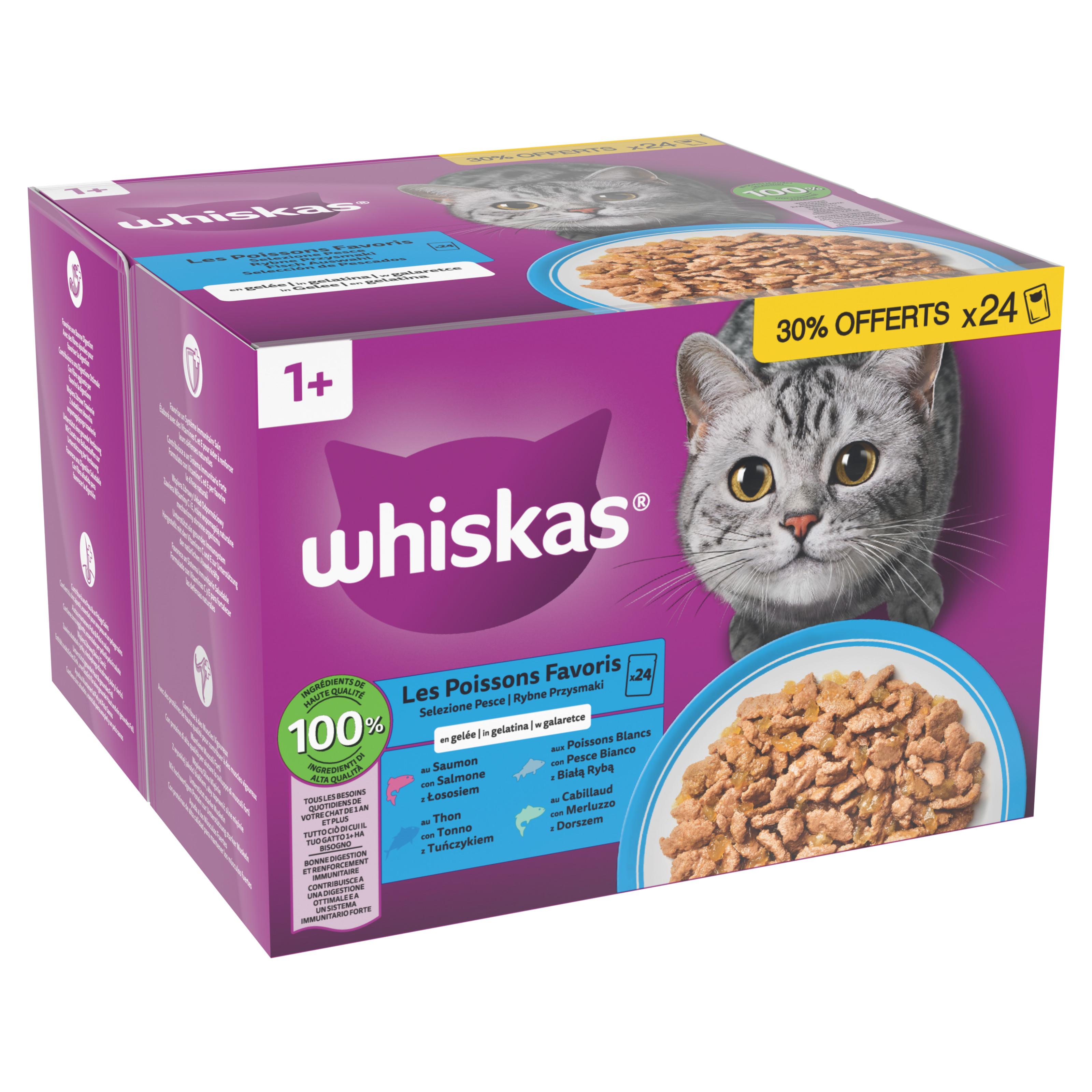 Voir la diapositive 2 : WHISKAS Les Poissons favoris Sachets repas pâtée en gelée pour chat 24 sachets 24x85g
