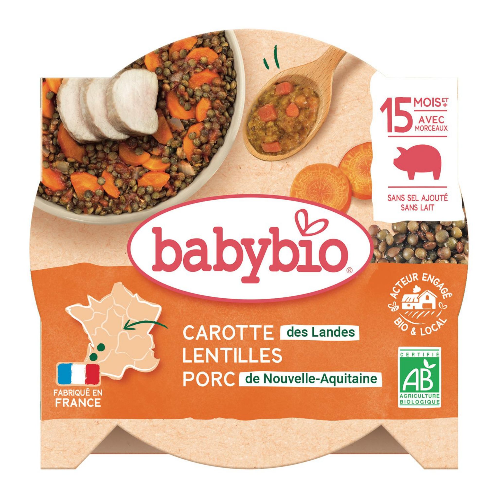 BABYBIO Assiette cassolette de carotte lentilles porc bio dès 15 mois 260g