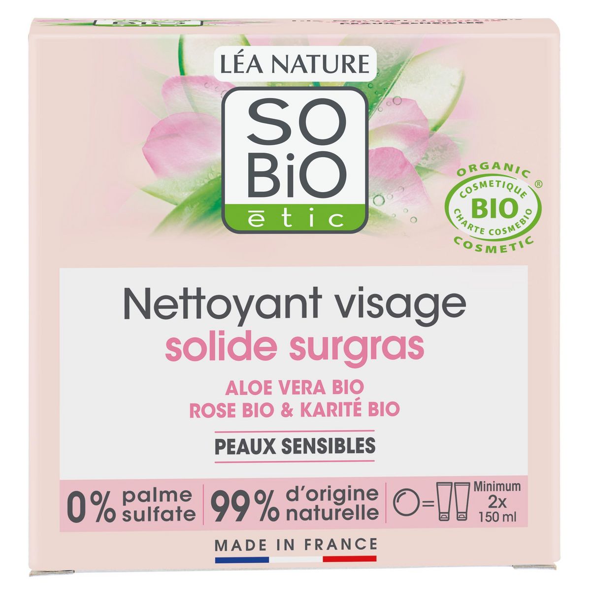 SO BIO ETIC Nettoyant visage solide surgras bio aloe vera rose et karité peaux sensibles 70g