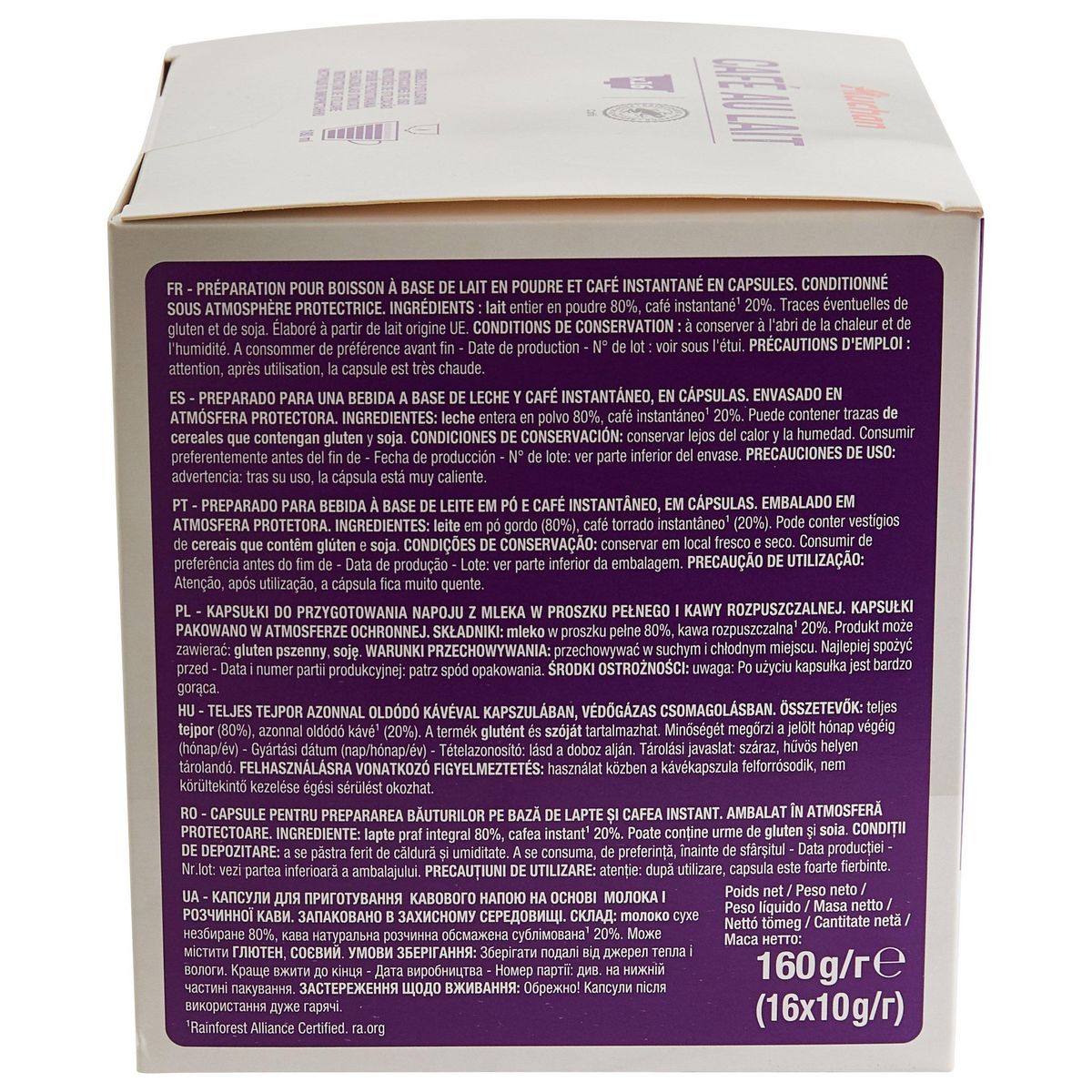 AUCHAN Capsules de café au lait compatibles Dolce Gusto 16 capsules 160g