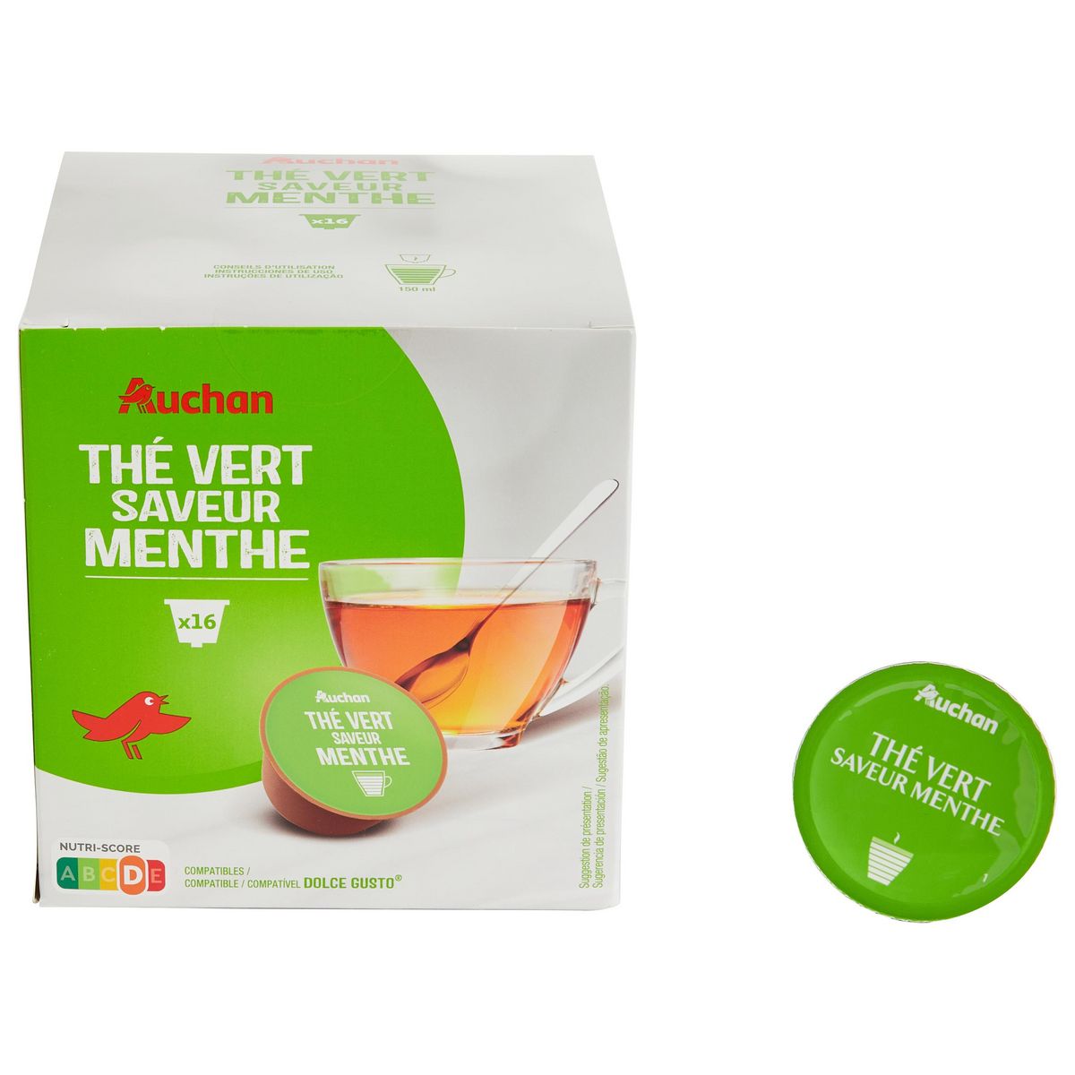 AUCHAN Capsules de thé vert saveur menthe compatibles Dolce Gusto 16 capsules 116,8g