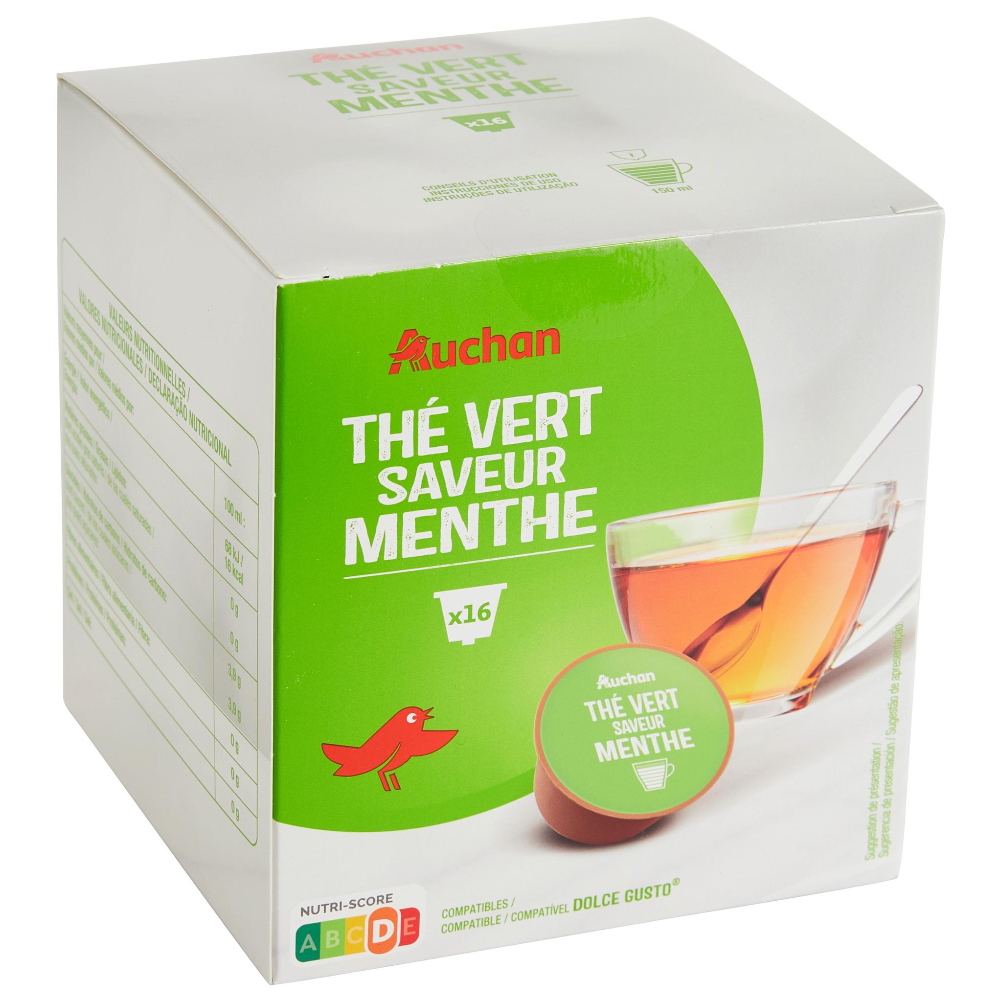 Voir la diapositive 4 : AUCHAN Capsules de thé vert saveur menthe compatibles Dolce Gusto 16 capsules 116,8g