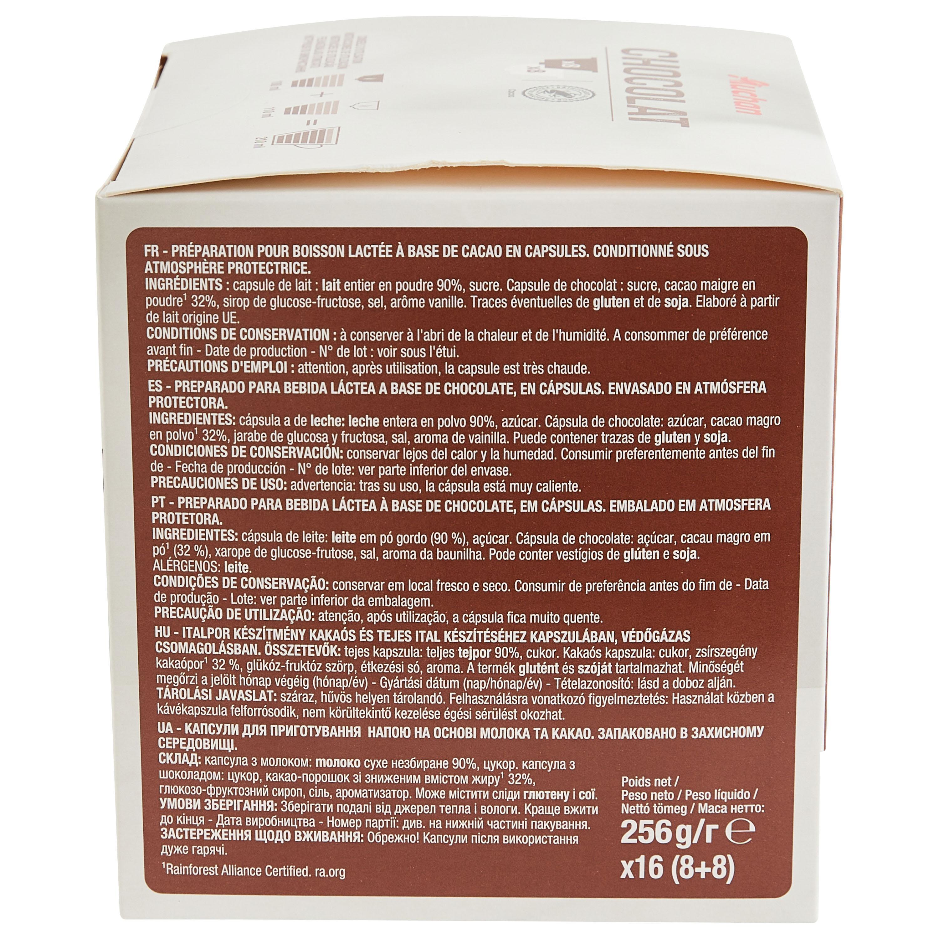 Voir la diapositive 2 : AUCHAN Capsules de chocolat et lait compatibles Dolce Gusto 8 capsules chocolat + 8 capsules lait 236.8g