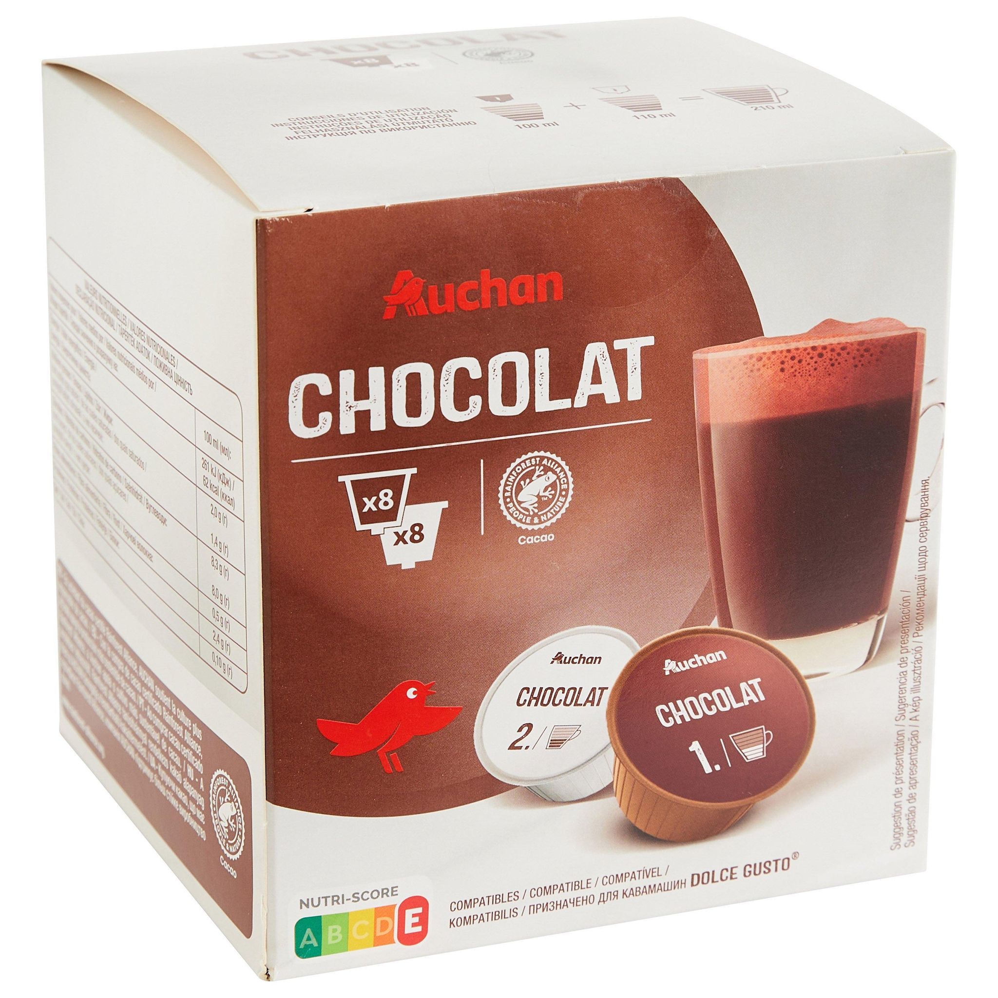 Voir la diapositive 2 : AUCHAN Capsules de chocolat et lait compatibles Dolce Gusto 8 capsules chocolat + 8 capsules lait 236.8g