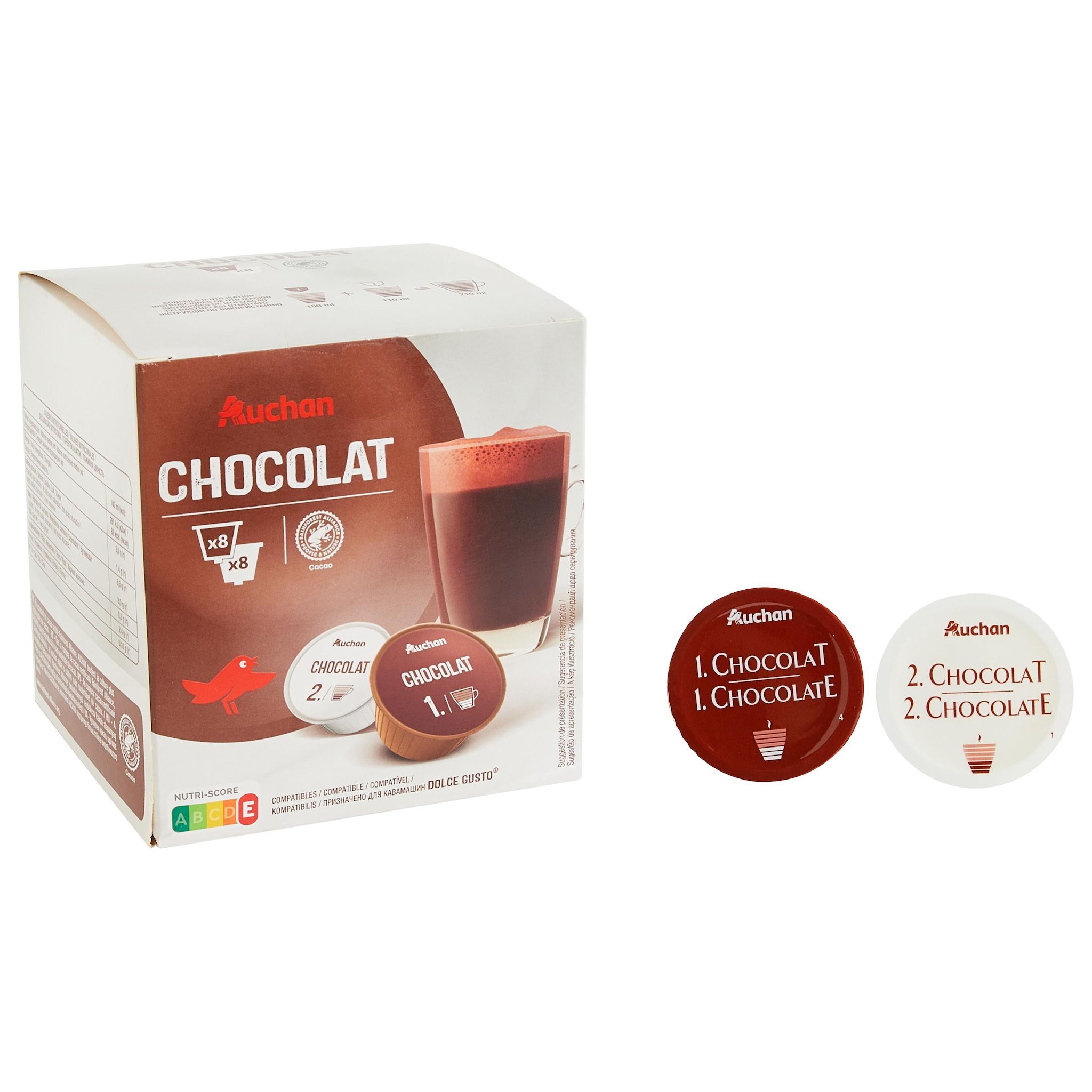 Voir la diapositive 4 : AUCHAN Capsules de chocolat et lait compatibles Dolce Gusto 8 capsules chocolat + 8 capsules lait 236.8g