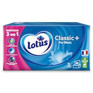 Mouchoirs Lotus Classic+ Pur Blanc - Lot De 6 Boîtes De 80 Mouchoirs (480 Au Total), 3 épaisseurs, Doux Et Résistants, Fabriqués En France