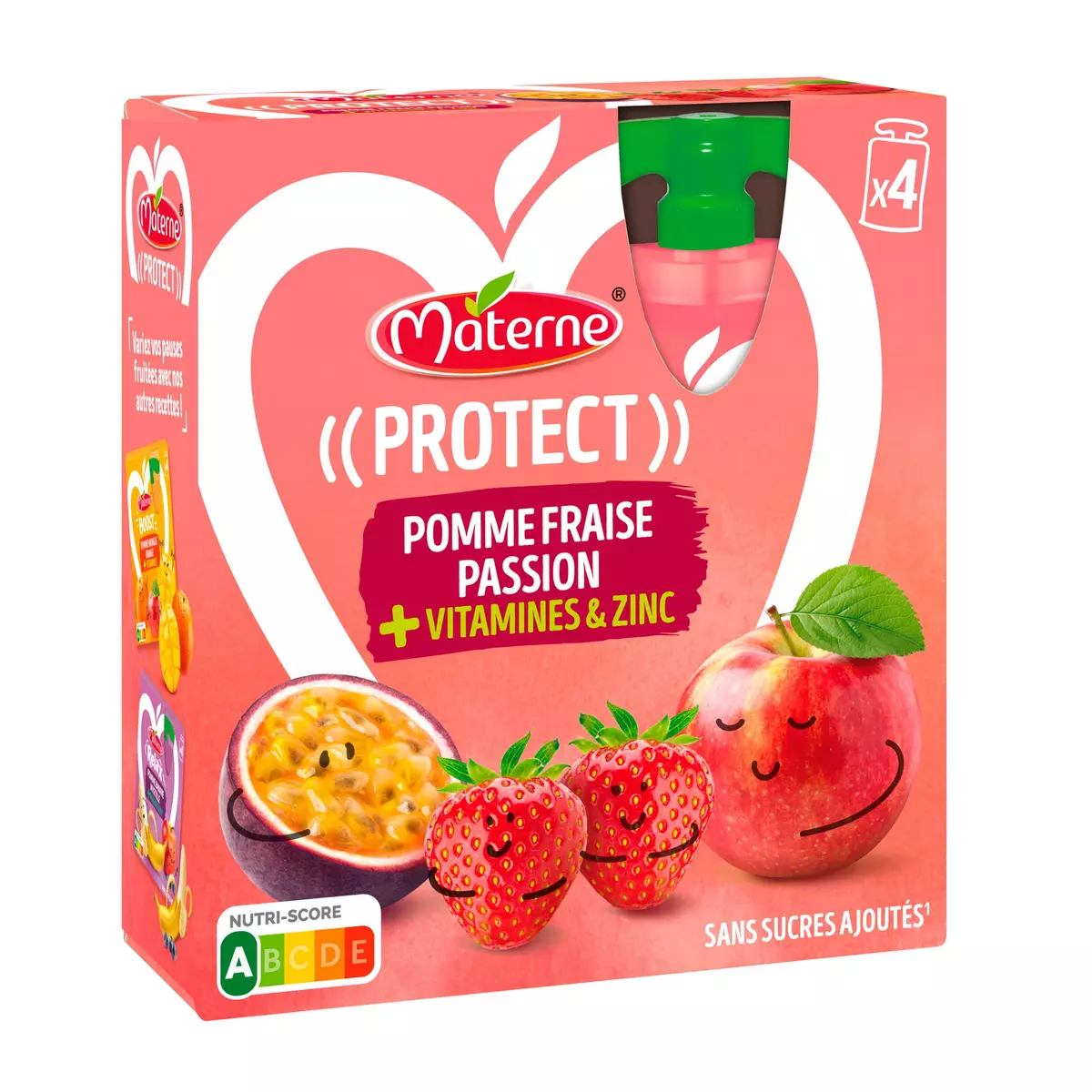 MATERNE Protect gourdes compote pomme fraise passion vitamines zinc sans sucres ajoutés 4x90g