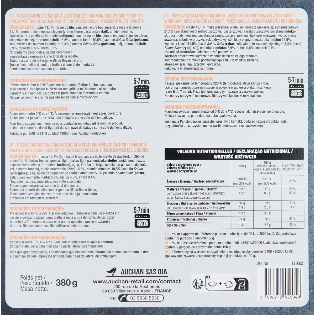 AUCHAN Pizza 2 saumons mozzarella aneth 380g