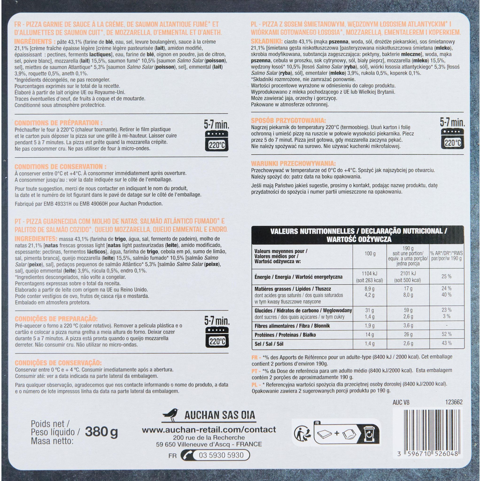 Voir la diapositive 2 : AUCHAN Pizza 2 saumons mozzarella aneth 380g