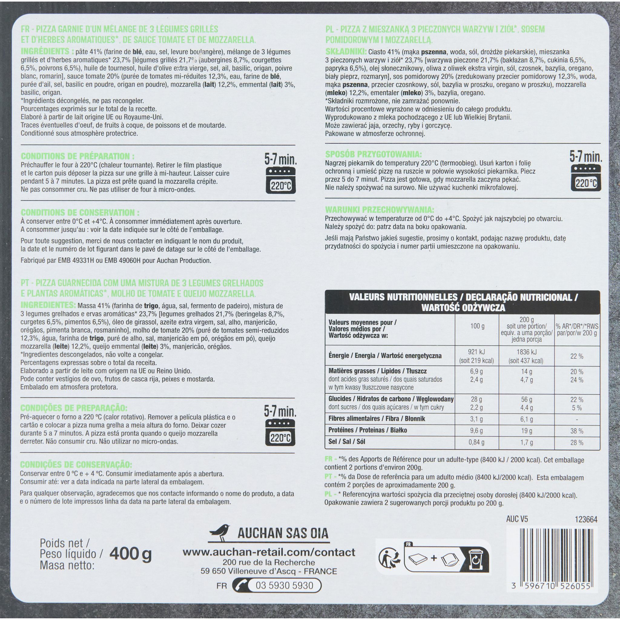 Voir la diapositive 2 : AUCHAN Pizza primavera aux légumes grillés et mozzarella 400g