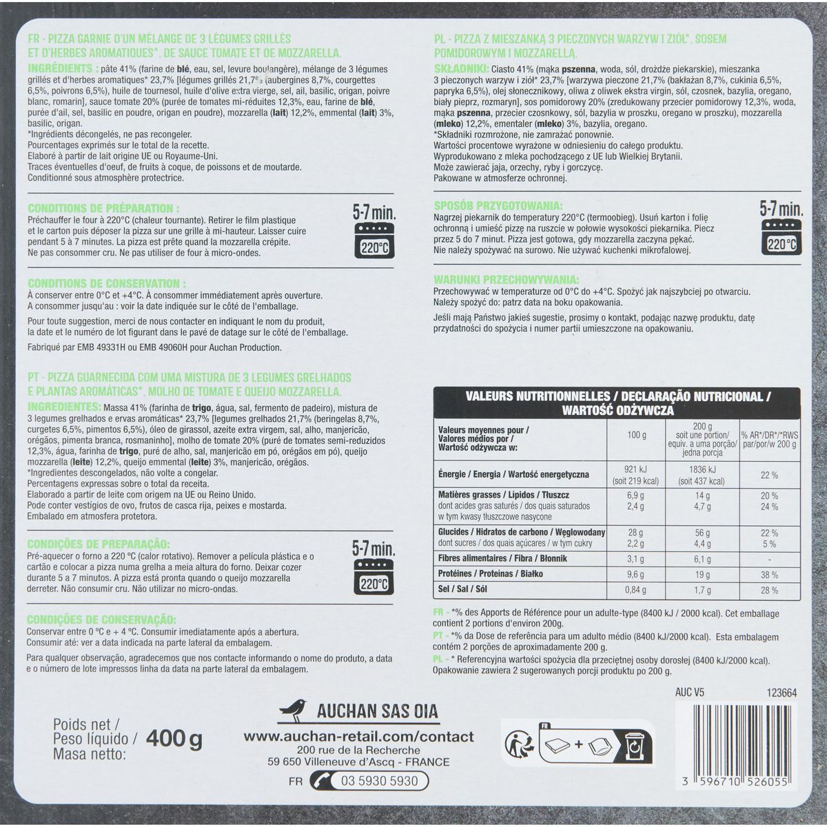 AUCHAN Pizza primavera aux légumes grillés et mozzarella 400g