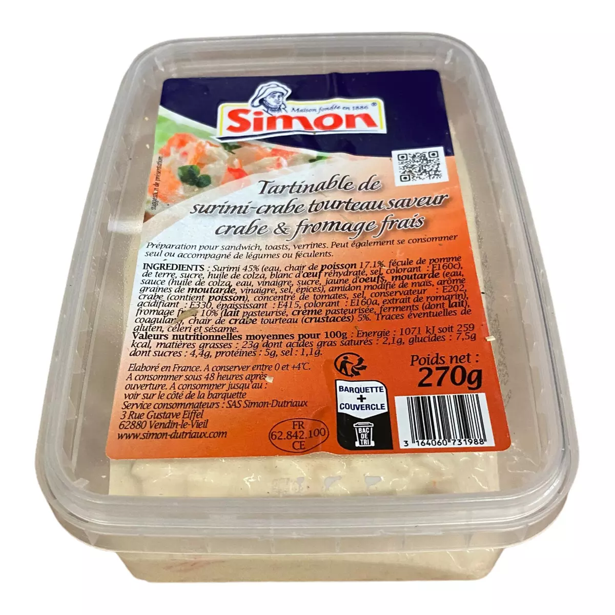 SIMON Tartinable de surimi crabe tourteau saveur crabe & fromage frais 270g