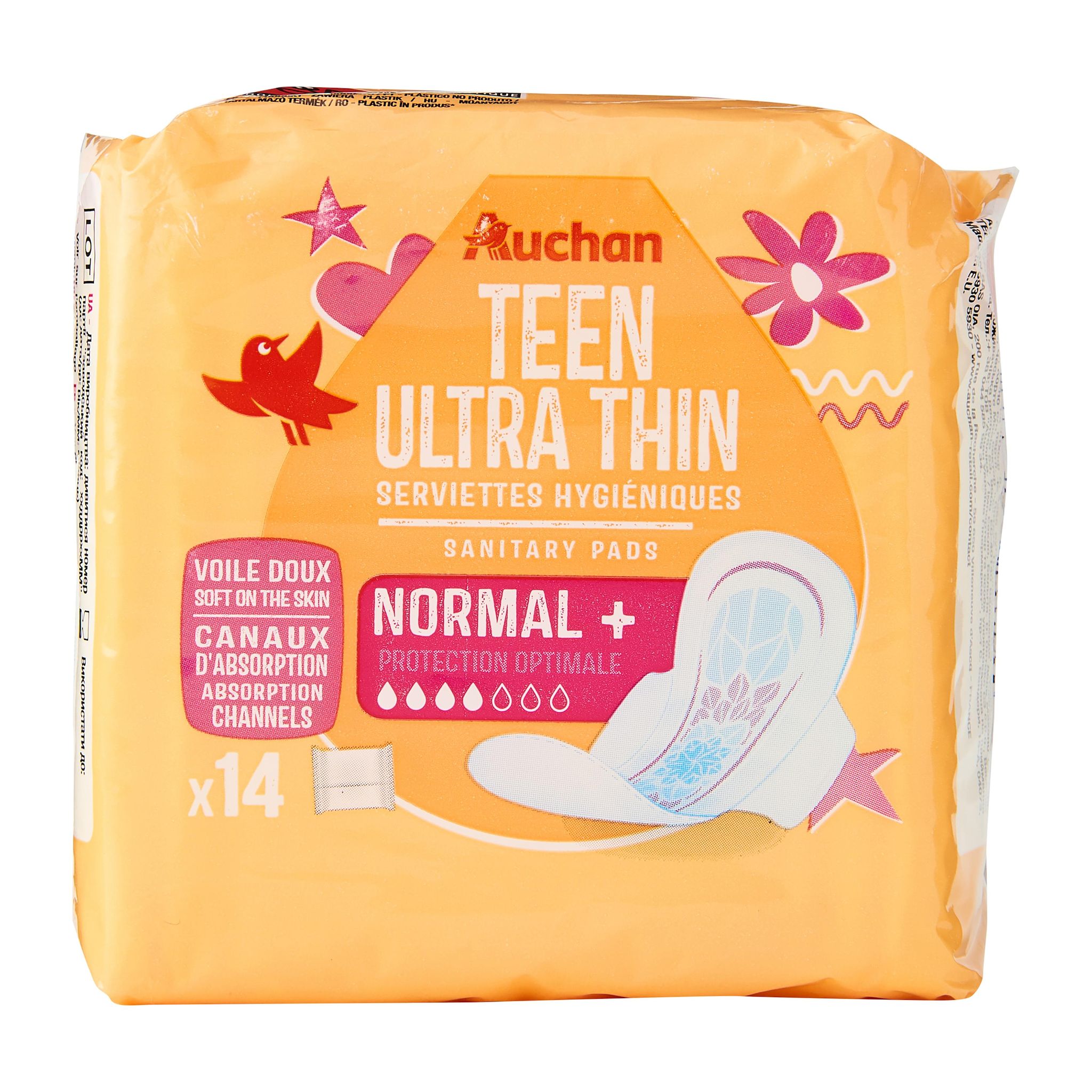 Voir la diapositive 3 : AUCHAN Serviettes hygiéniques ado ultra fines 14 serviettes