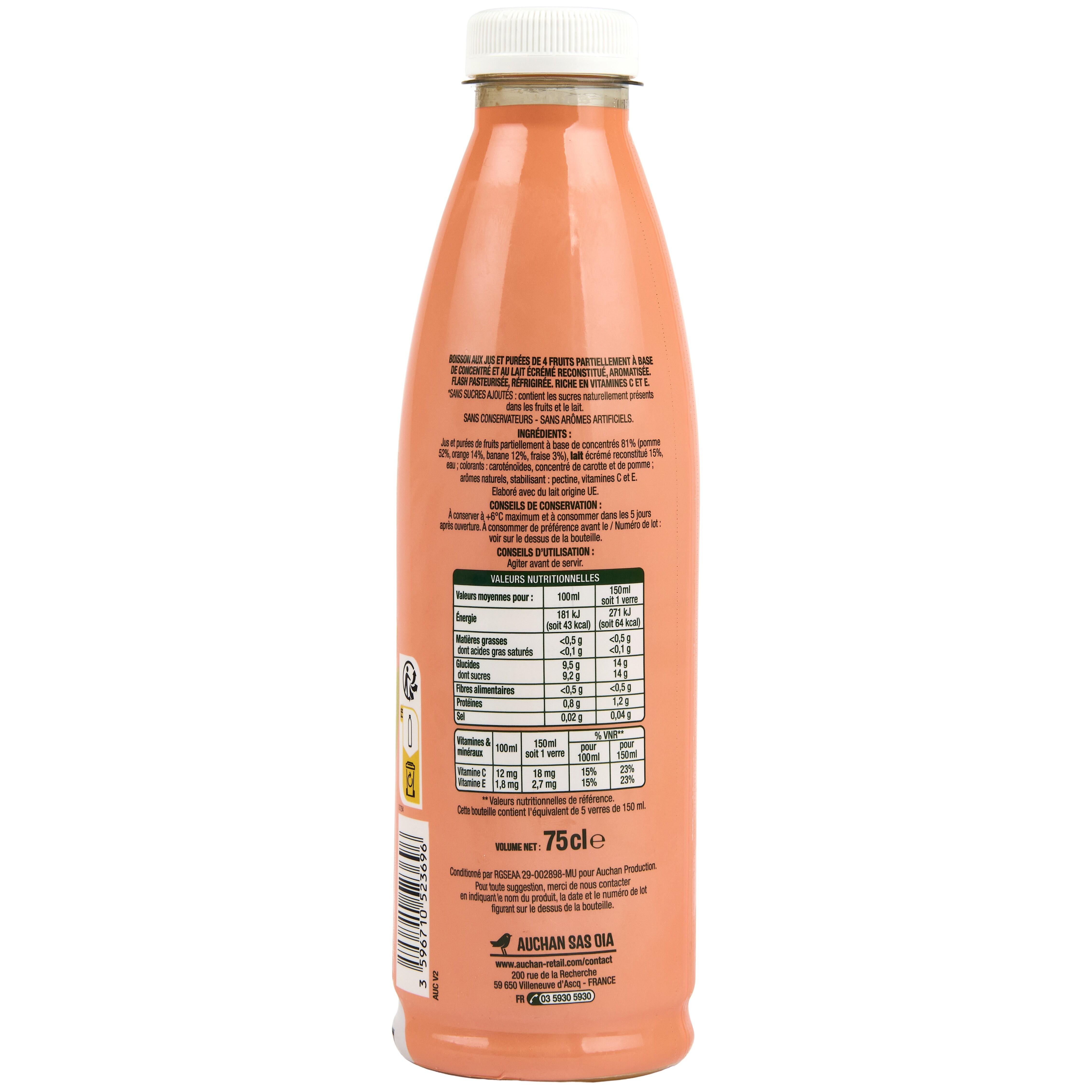 Voir la diapositive 2 : AUCHAN Jus et lait à l'orange banane et fraise 75cl