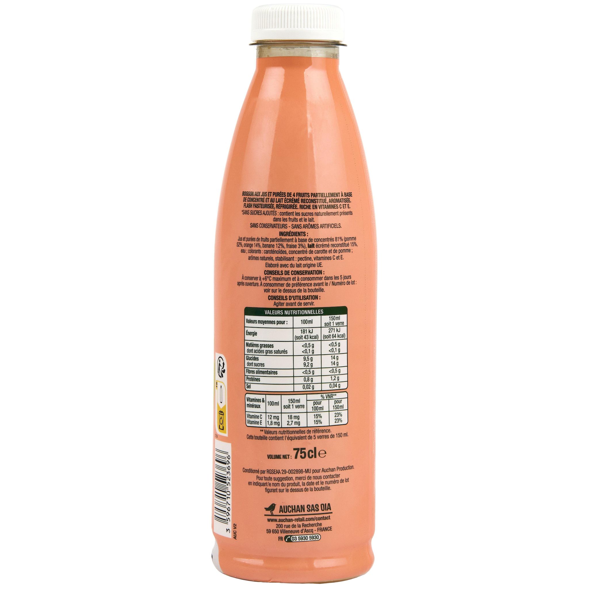 Voir la diapositive 2 : AUCHAN Jus et lait à l'orange banane et fraise 75cl