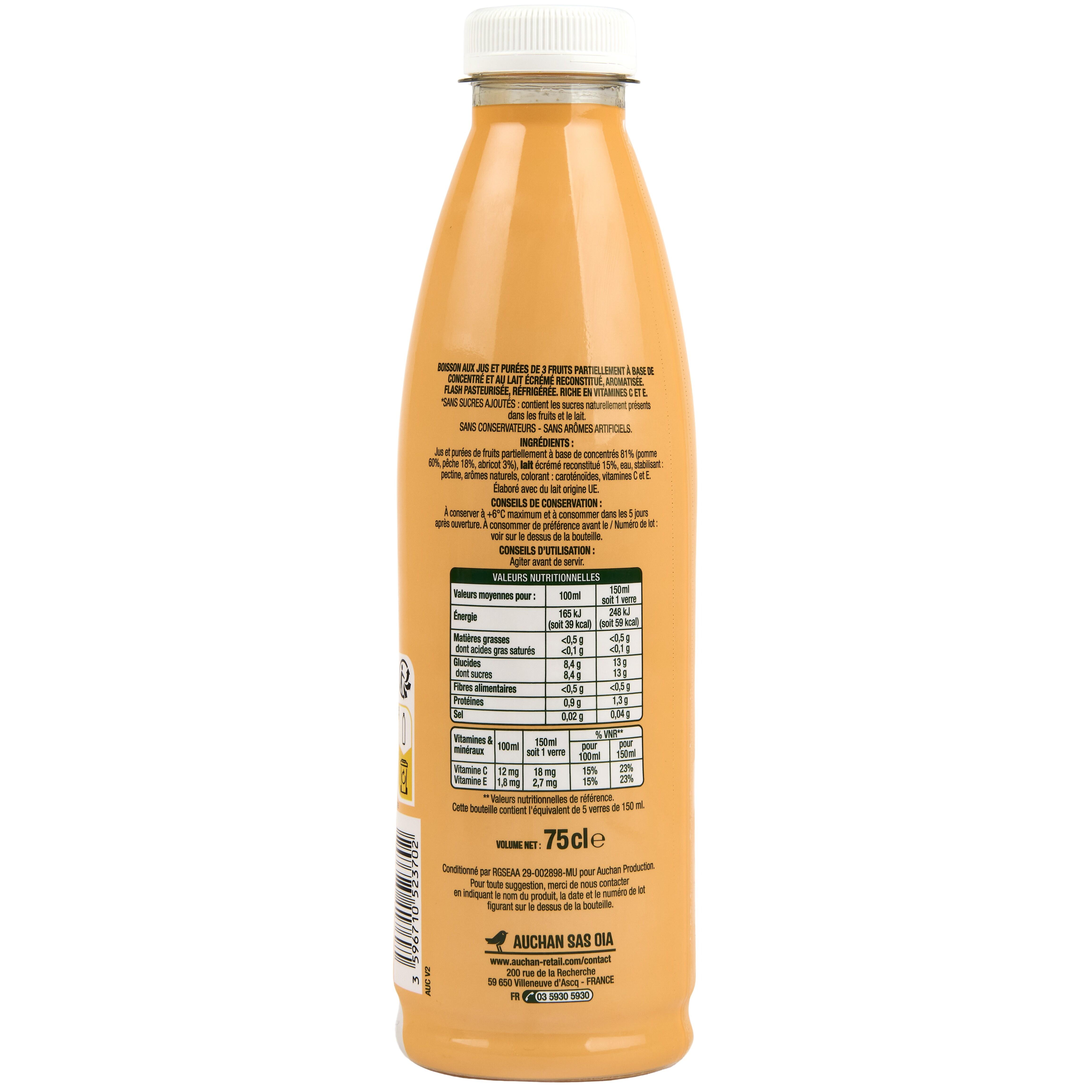 Voir la diapositive 2 : AUCHAN Jus lacté pêche abricot 75cl