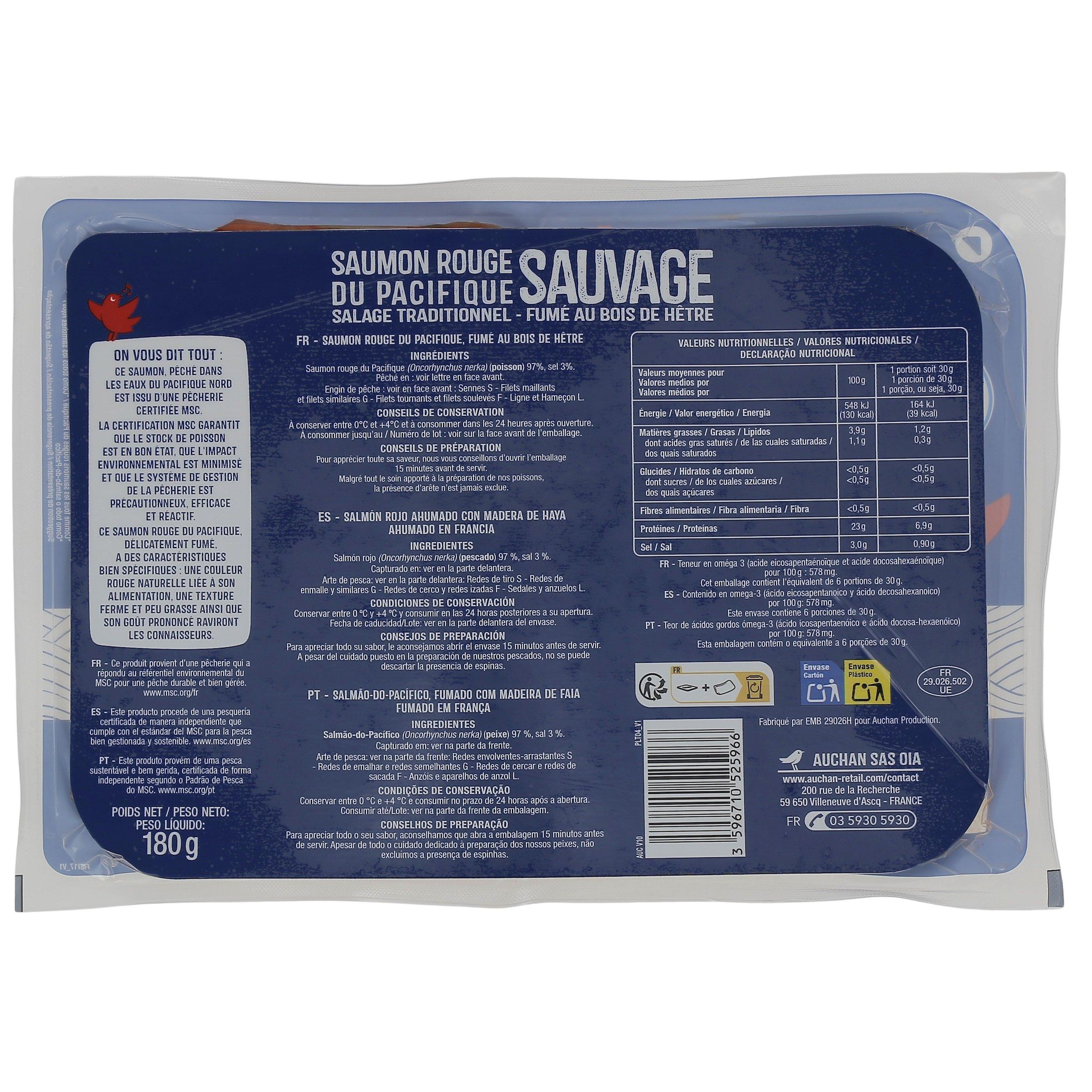 Voir la diapositive 2 : AUCHAN Saumon sauvage rouge du Pacifique fumé MSC 6 tranches 180g