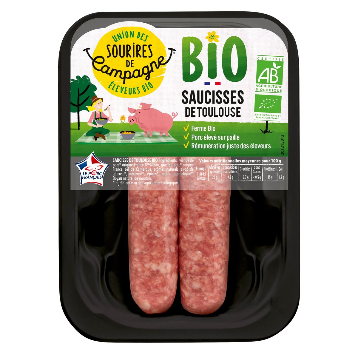 SOURIRES DE CAMPAGNE Saucisses de Toulouse bio 2 pièces 200g