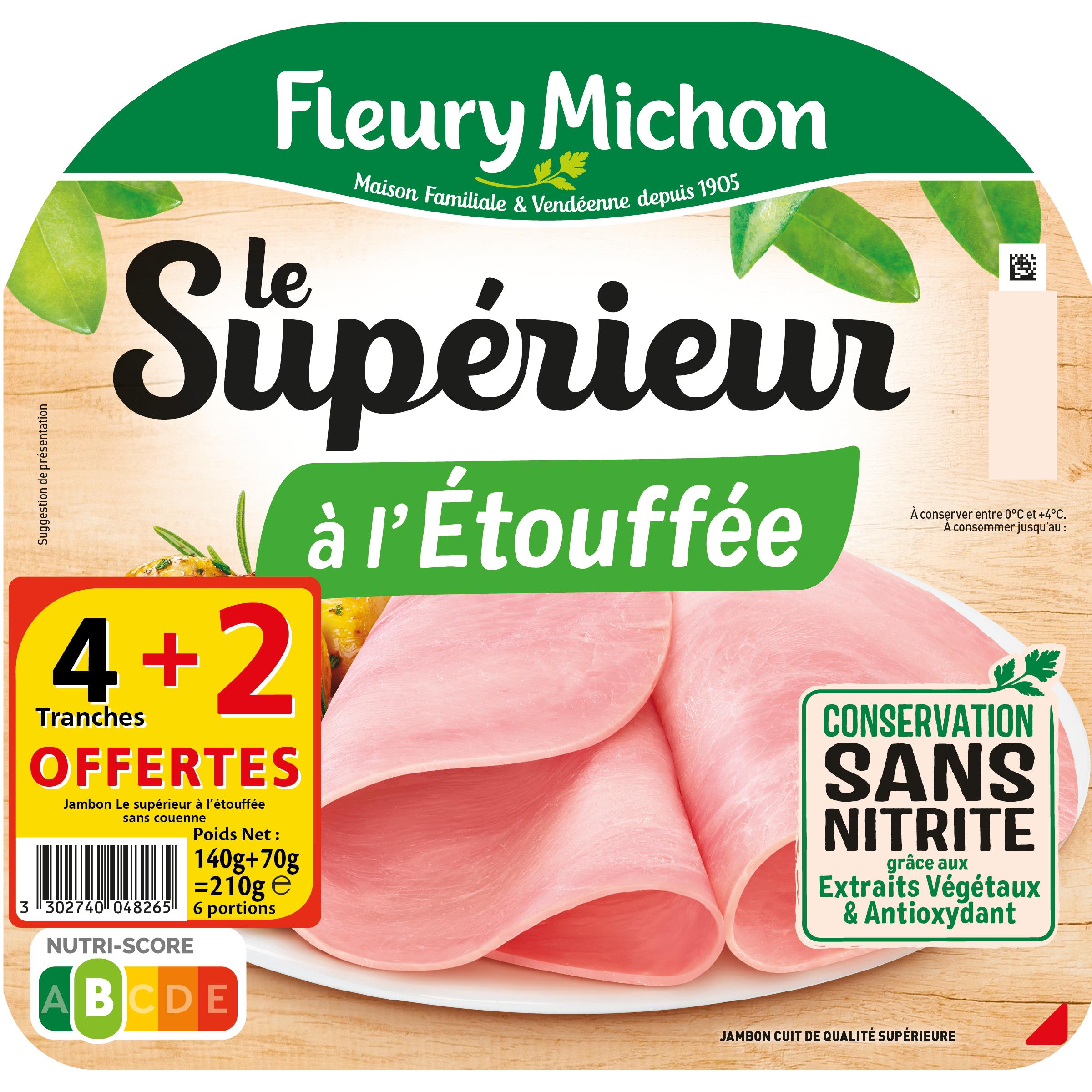 FLEURY MICHON Jambon supérieur à l'étouffée sans nitrite 4 tranches+2 offertes 210g