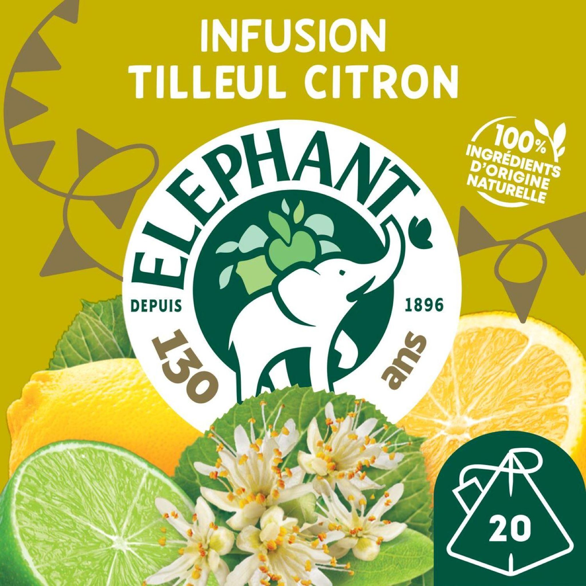 Voir la diapositive 2 : ELEPHANT Infusion Tilleul Citron note de citron vert 20 sachets 28g