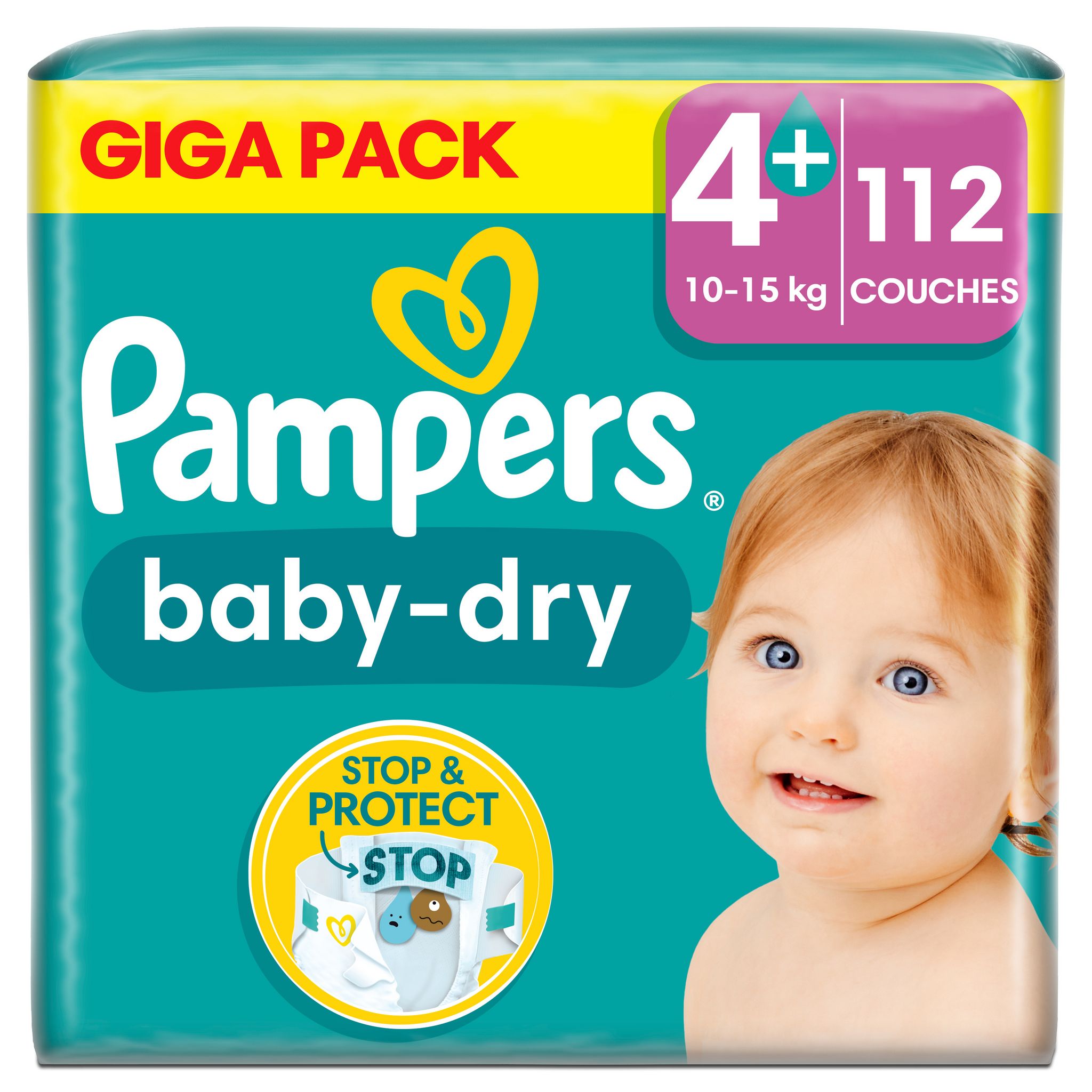 PAMPERS Baby-dry couches taille 4+ (10-15kg) 112 couches