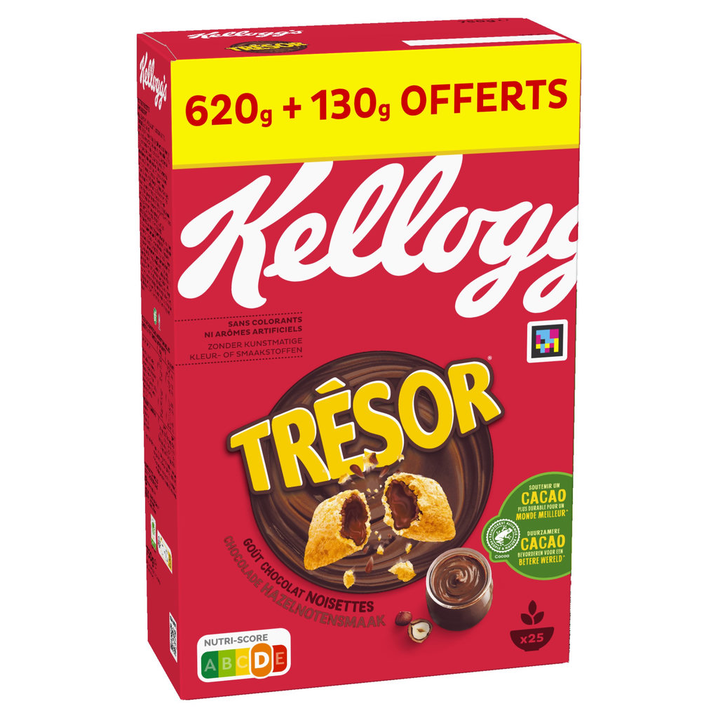 KELLOGG'S Trésor Céréales fourrées chocolat noisettes 620g + 130g offerts