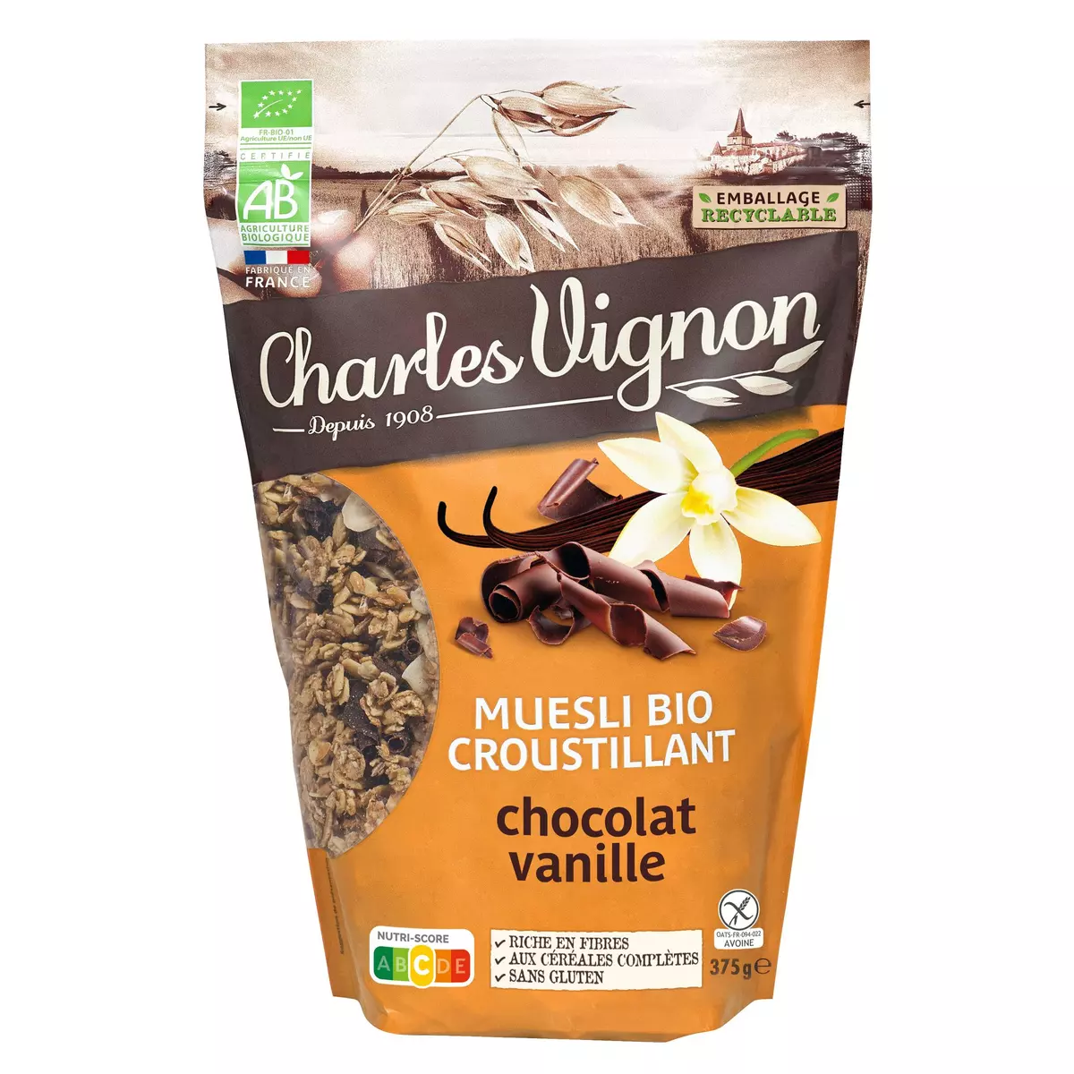 CHARLES VIGNON Céréales bio muesli croustillant chocolat vanille sans gluten 375g