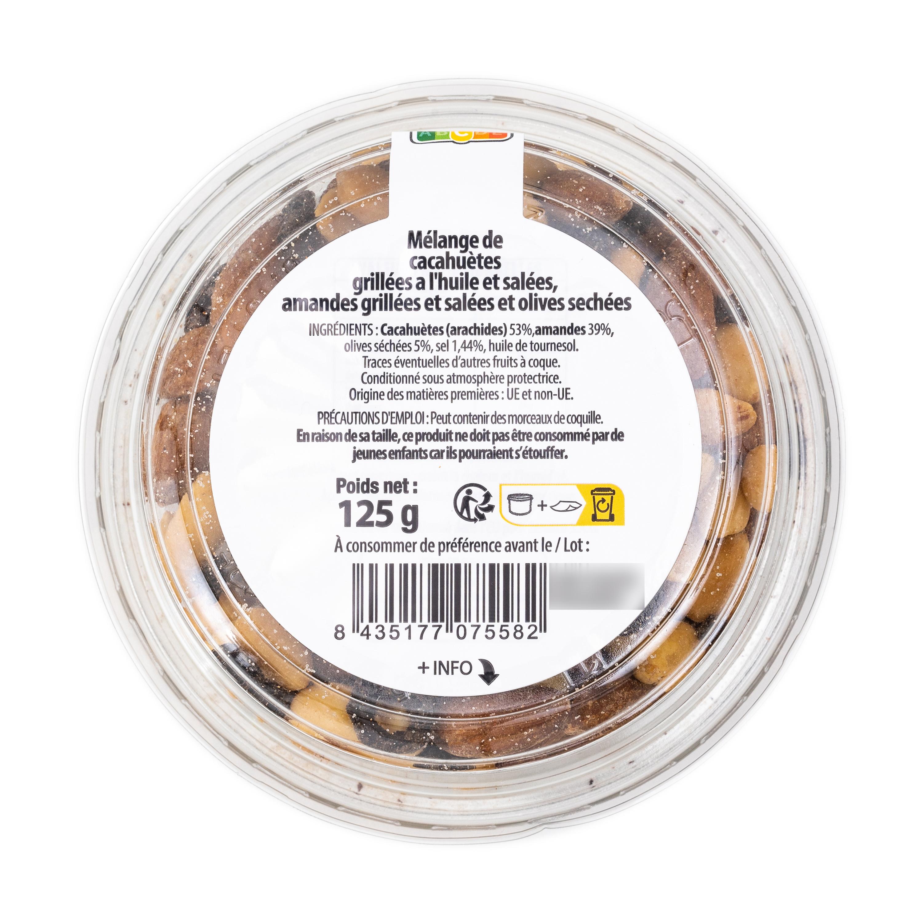 Voir la diapositive 2 : AUCHAN Mix fruits secs et olives 125g