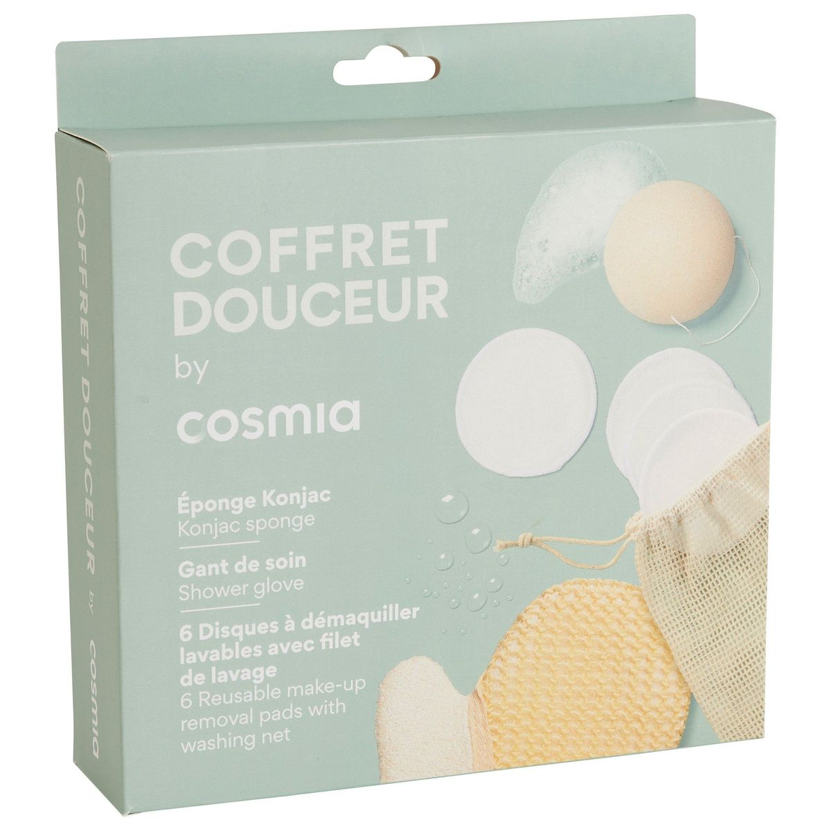 COSMIA Coffret douceur soins beauté 1 éponge + 1 gant de soin + 6 disques à démaquiller 3 pièces