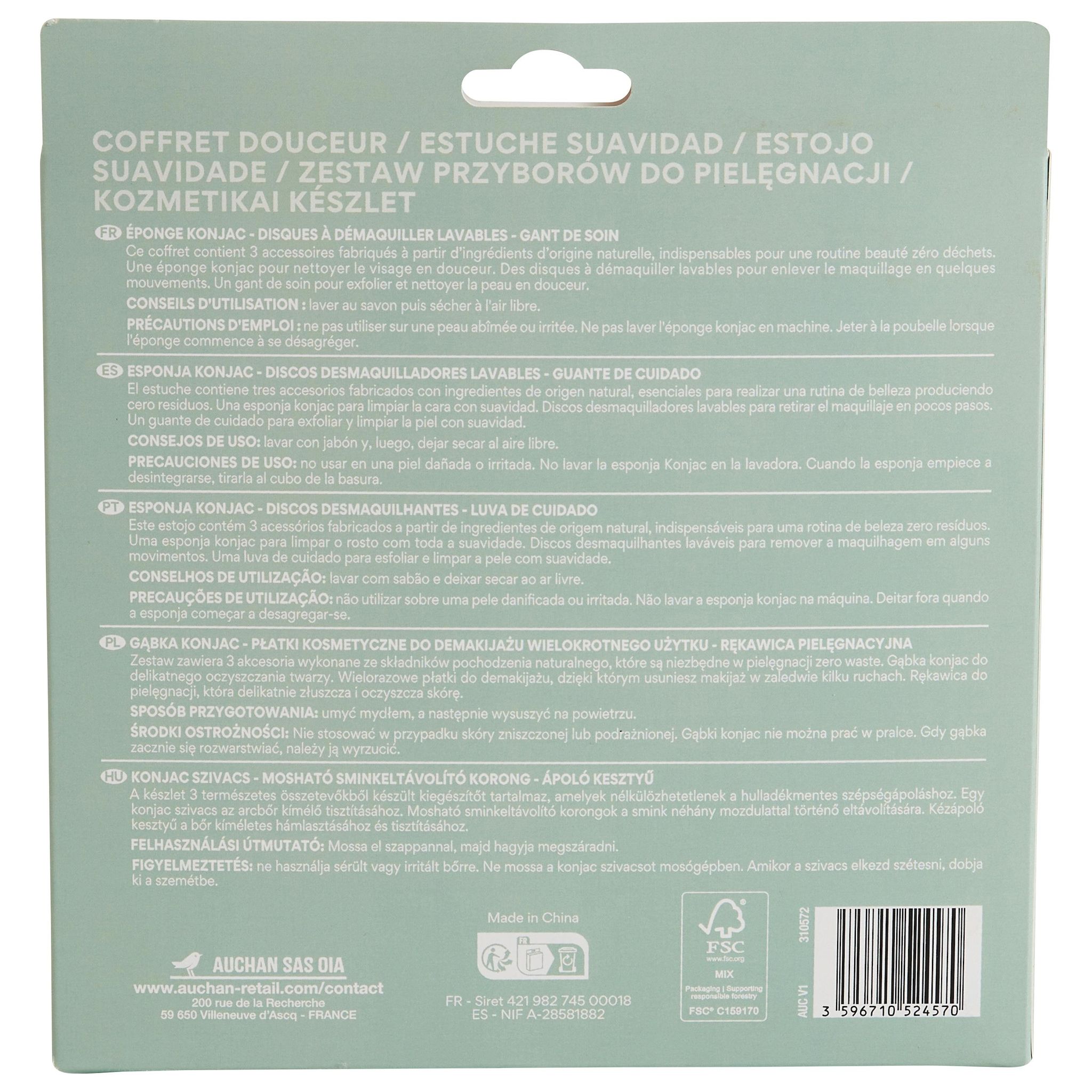 Voir la diapositive 3 : COSMIA Coffret douceur soins beauté 1 éponge + 1 gant de soin + 6 disques à démaquiller 3 pièces