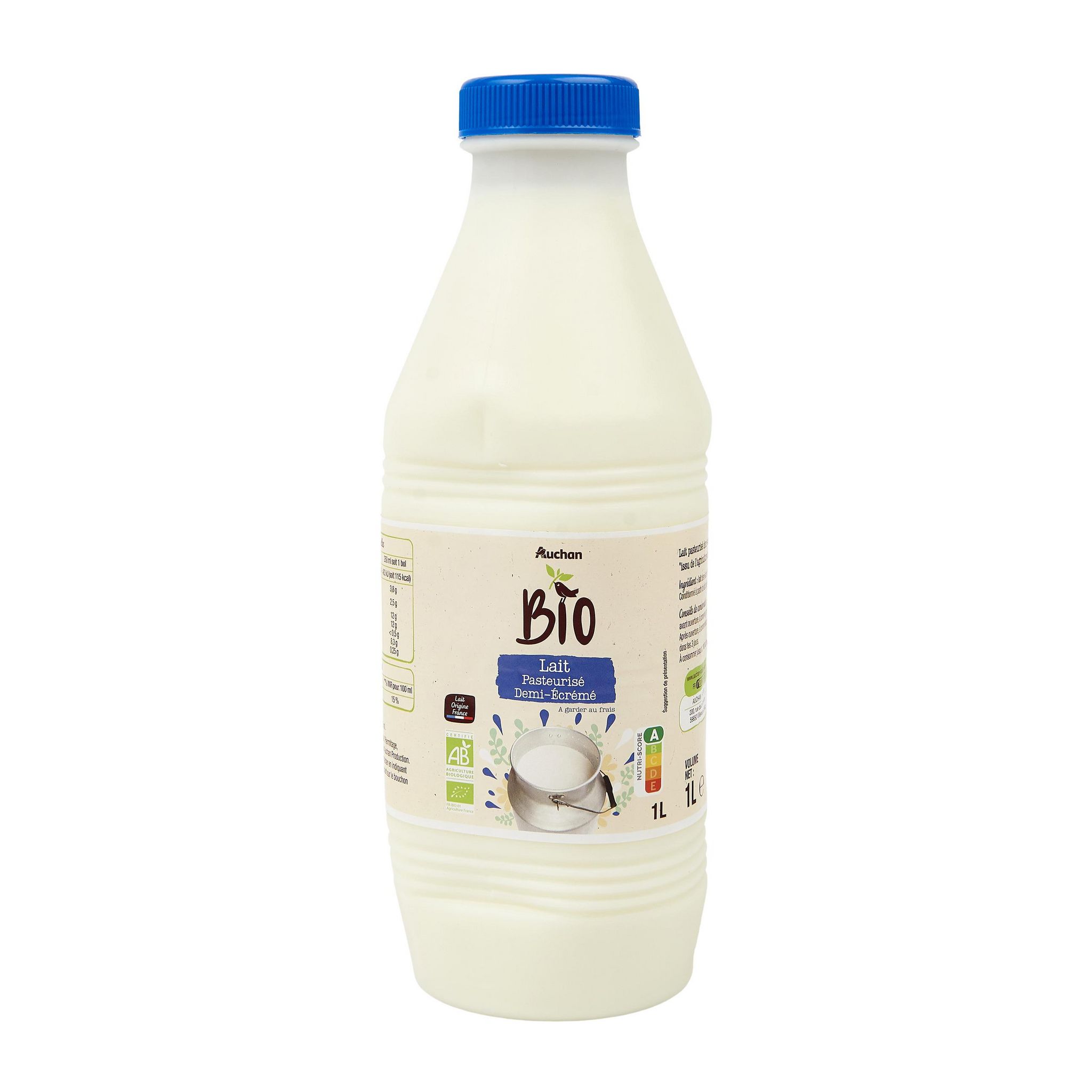Voir la diapositive 2 : AUCHAN BIO Lait pasteurisé demi-écrémé bio 1l