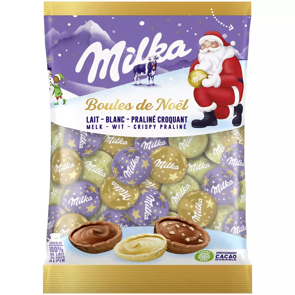 MILKA Boules de Noël chocolat au lait, blanc ou praliné croquant 350g