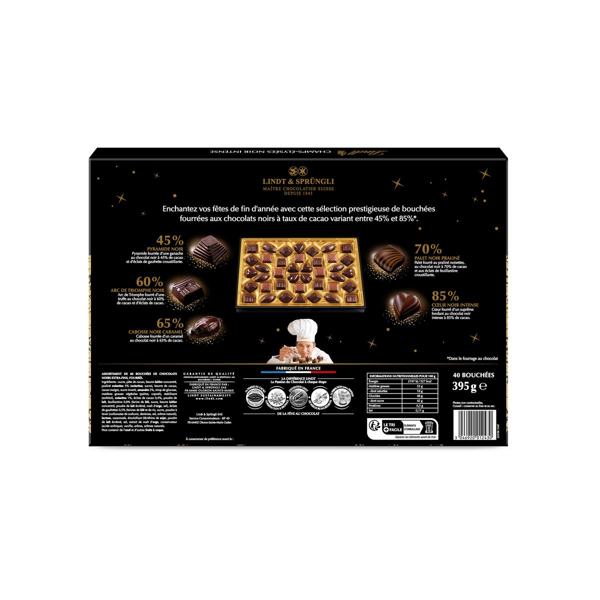 LINDT Champs-Elysées boîte assortiment de bouchées au chocolat noir intense 40 pièces 395g