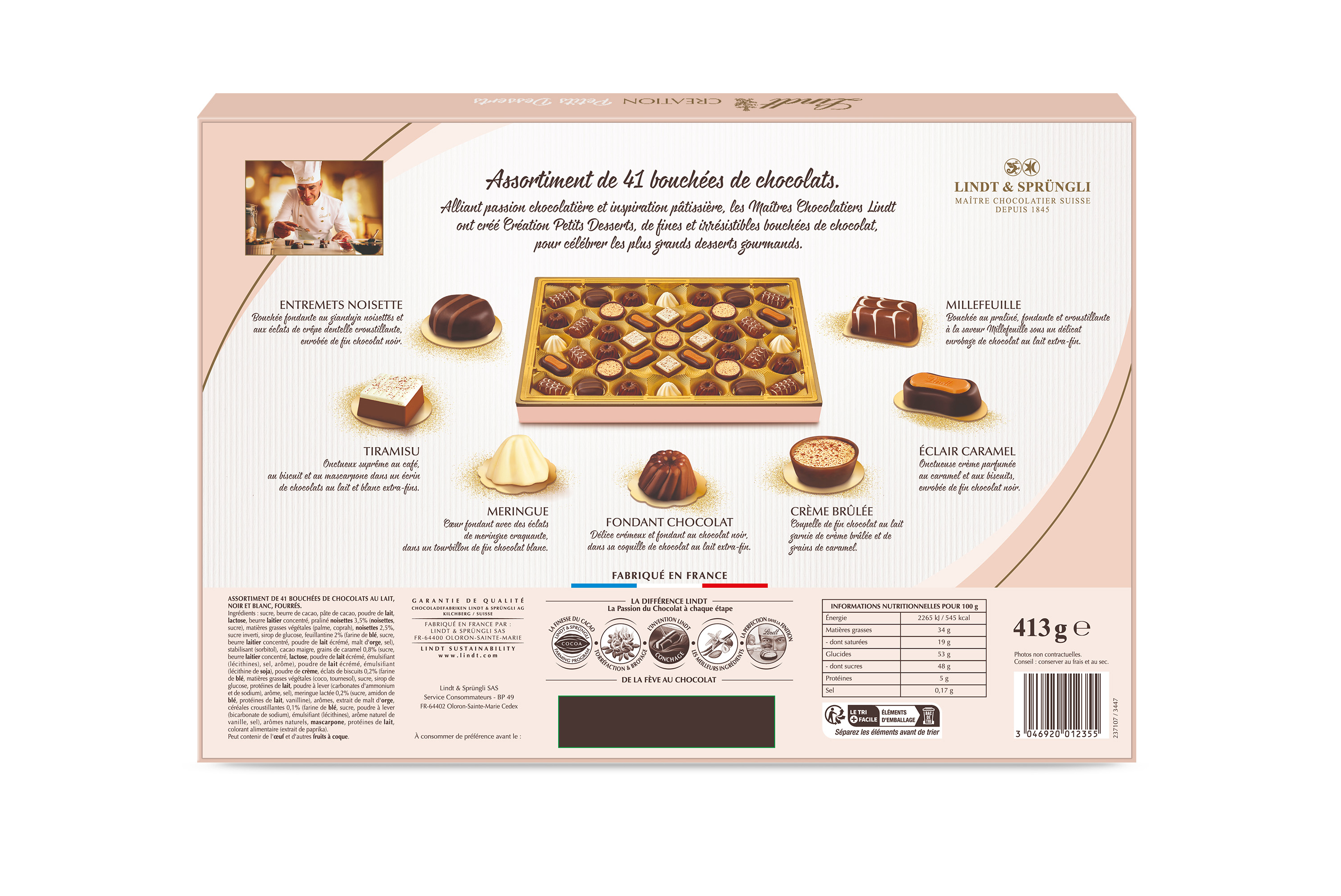 Voir la diapositive 2 : LINDT Création Petits desserts boîte assortiment de bouchées au chocolat lait noir blanc 41 bouchées 413g