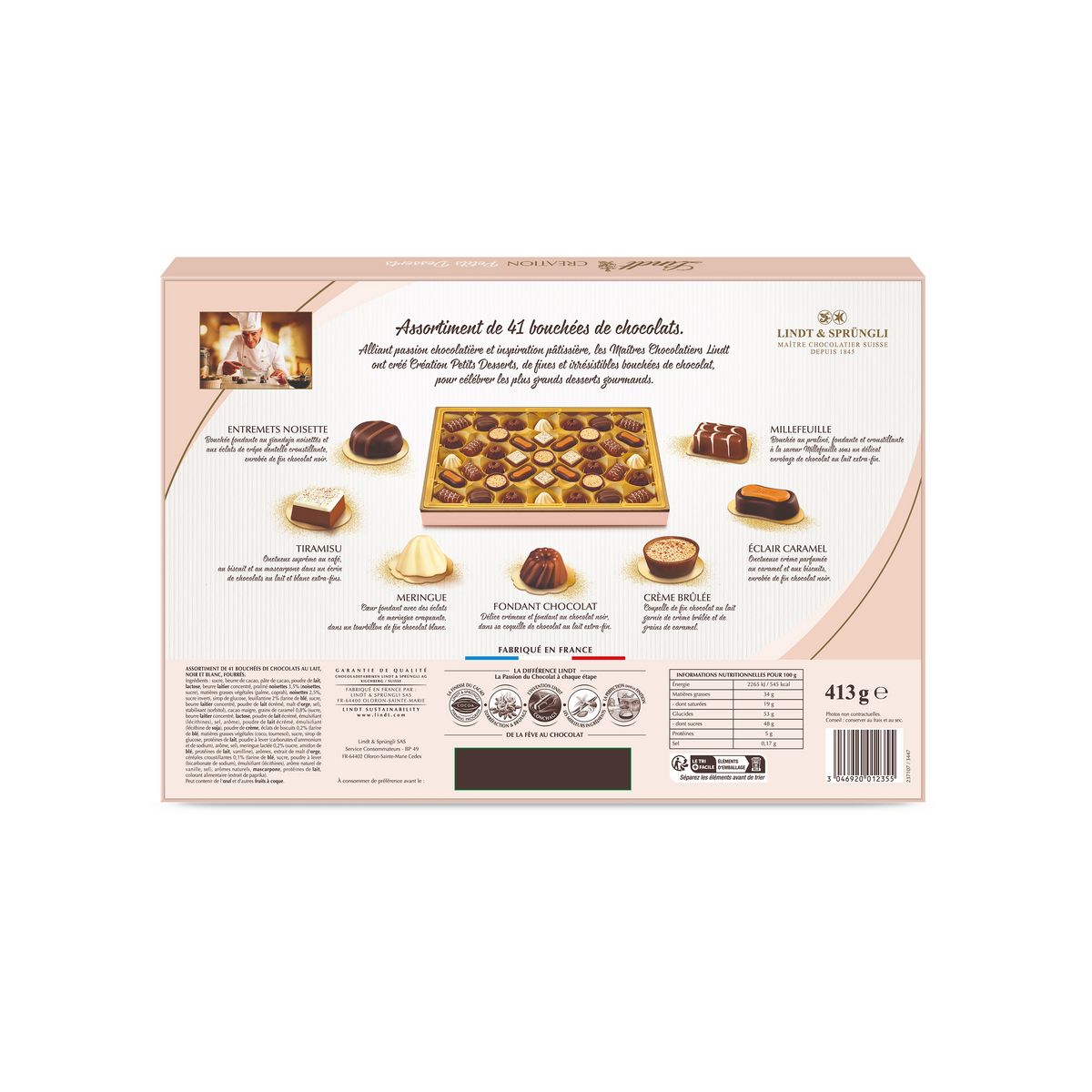 LINDT Création Petits desserts boîte assortiment de bouchées au chocolat lait noir blanc 41 bouchées 413g